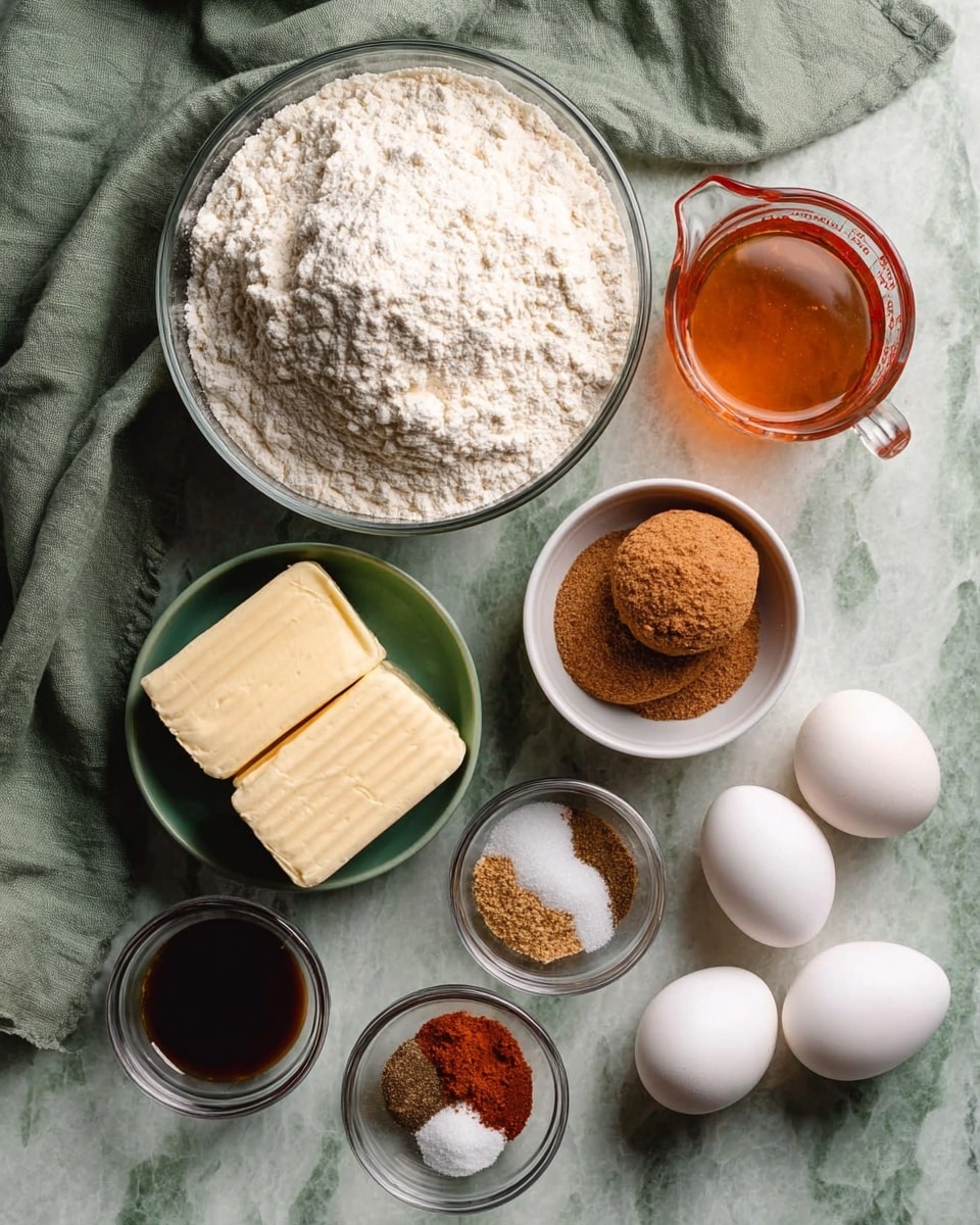 The image shows several baking ingredients arranged on a white marbled surface: a large clear bowl filled with white flour at the top center, next to a white bowl holding an amber liquid measuring cup to its right. Below the flour bowl, there are three sticks of wrapped butter stacked on the white marbled surface. Below them, a medium clear bowl filled with brown and white sugars is placed, with a smaller bowl of dark vanilla extract to its left. To the bottom right, a small bowl contains several spices and salt, showing colors like orange, brown, white, and reddish powders. Four white eggs are arranged in a loose cluster on the right side. A piece of olive-green cloth is draped near the top left corner. photo taken with an iphone --ar 4:5 --v 7
