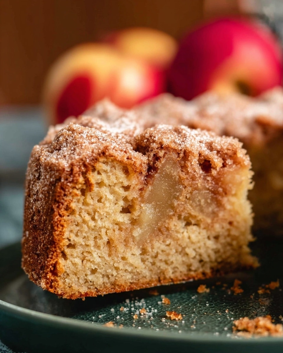 The image shows a close-up of a single slice of brown cake with a rough, soft texture and a light dusting of sugar around the edges. The slice is held above a dark green plate with some crumbs below it. In the background, blurred apples can be seen adding warm red and yellow tones. The cake slice is thick and the surface looks slightly moist yet crumbly. The photo is taken with an iphone --ar 4:5 --v 7