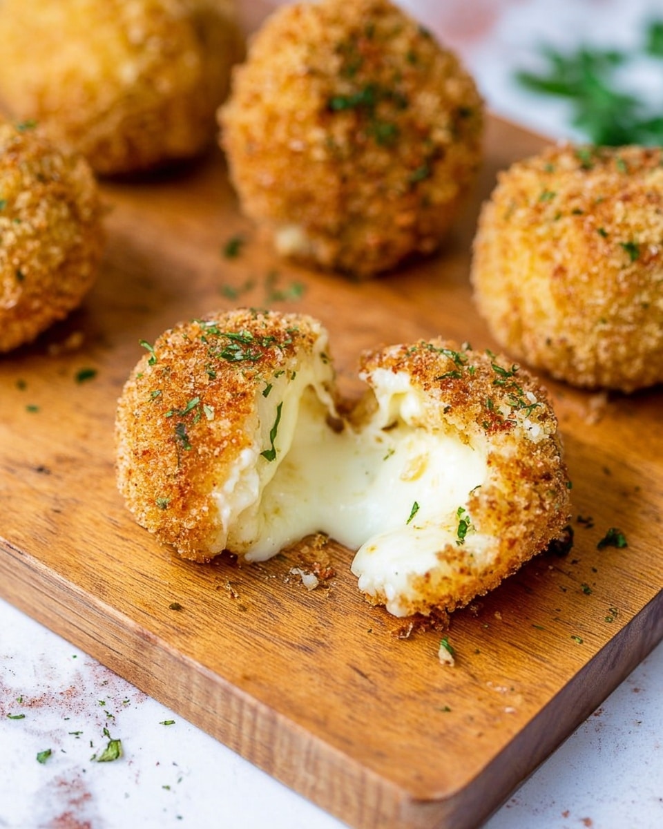 The image shows round fried cheese balls on a wooden board placed on a white marbled surface. Each cheese ball has a golden brown crunchy outer layer with visible bread crumbs and green herb flakes on top. One cheese ball in the front is broken open, revealing a creamy white melted cheese inside. The other cheese balls remain whole and slightly blurred in the background. Photo taken with an iphone --ar 4:5 --v 7