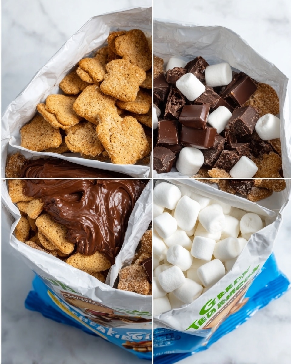 The image shows an open white bag of Teddy Graham snacks on a white marbled background, with layers inside visible from four different views. The first layer is golden-brown bear-shaped graham crackers filling the bottom of the bag. In the second view, a smooth, thick dark brown layer of chocolate spread covers the graham crackers. The third view adds uneven pieces of dark brown chocolate squares along with small white marshmallows scattered on top of the chocolate layer. In the last view, the bag is filled to the top with a clean layer of white small marshmallows covering all the other layers beneath. Photo taken with an iphone --ar 4:5 --v 7