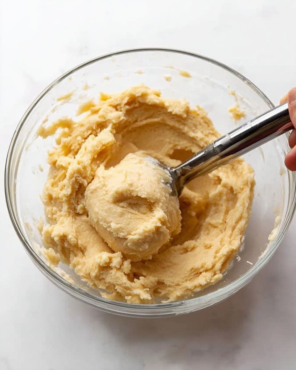In a clear glass bowl on a white marbled surface, there is a thick, creamy dough with a smooth, slightly grainy texture and a pale yellow color. A metal ice cream scoop is resting in the dough, with a woman's hand holding the handle, ready to scoop. The dough fills most of the bowl and looks soft but firm enough to shape. The scene is bright and clean, focusing on the texture and color of the dough. photo taken with an iphone --ar 4:5 --v 7