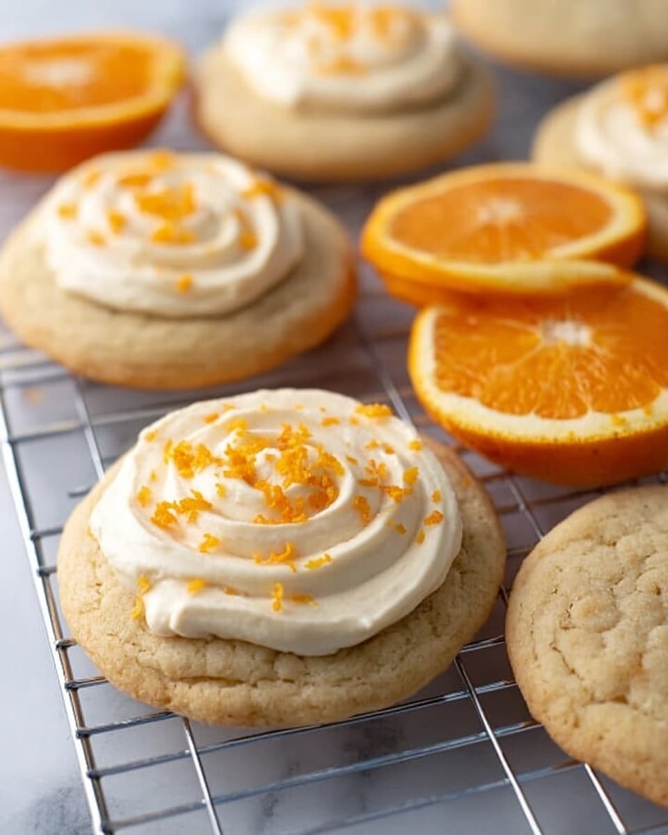 The image shows soft, round cookies on a metal cooling rack placed over a white marbled surface. Each cookie is light golden-brown with a smooth, slightly cracked texture. One cookie in the center is topped with a thick swirl of creamy white frosting, sprinkled with small pieces of bright orange zest. Behind the cookies, there are two halves of an orange, showing their juicy, segmented insides. The overall look is fresh and inviting, with warm tones from the cookies and vibrant colors from the orange zest and fruit, photo taken with an iphone --ar 4:5 --v 7