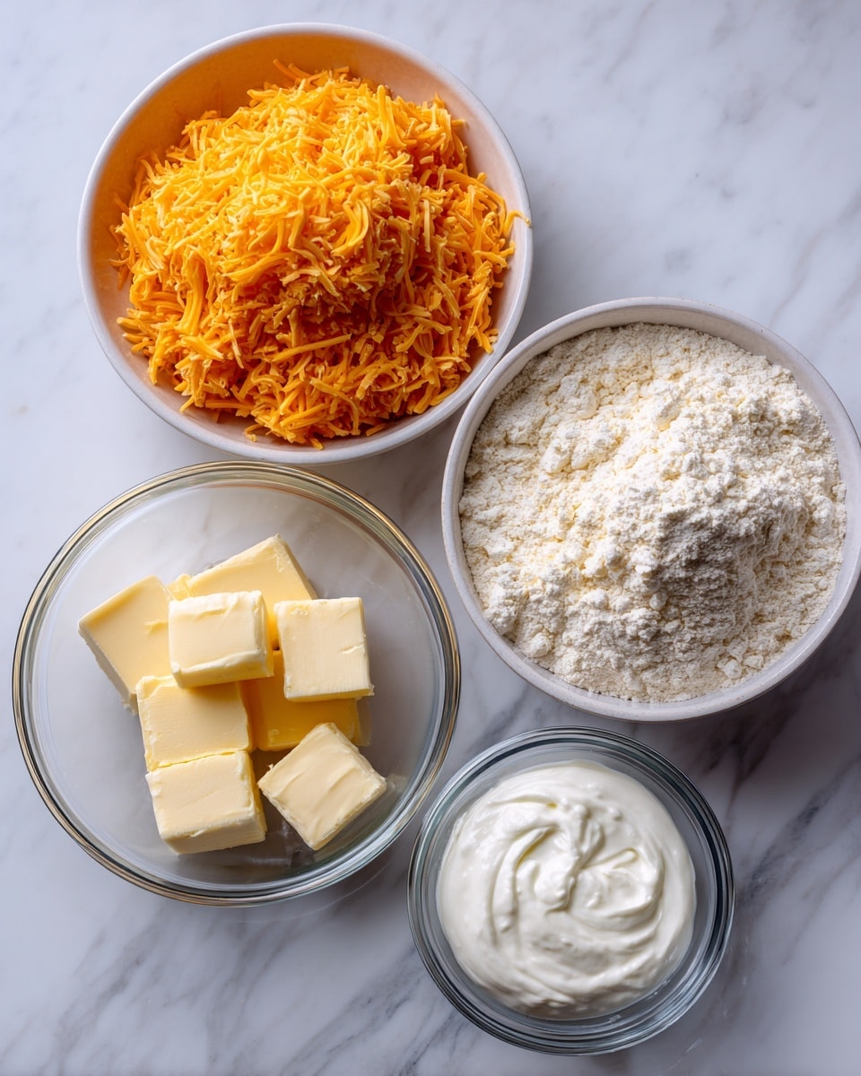 The image shows four white bowls placed on a white marbled surface. The largest bowl, located at the top left, holds a heap of bright orange shredded cheddar cheese with a fluffy texture. To its right is a similarly large bowl filled with fine, white flour that has a soft, powdery look. Below these two bowls, a smaller clear glass bowl contains three soft cubes of pale yellow butter, smooth and solid. Next to the butter bowl is another small clear glass bowl filled with thick, white yogurt, creamy in texture. Each bowl is neatly arranged with clear labels on the top of the contents. Photo taken with an iphone --ar 4:5 --v 7