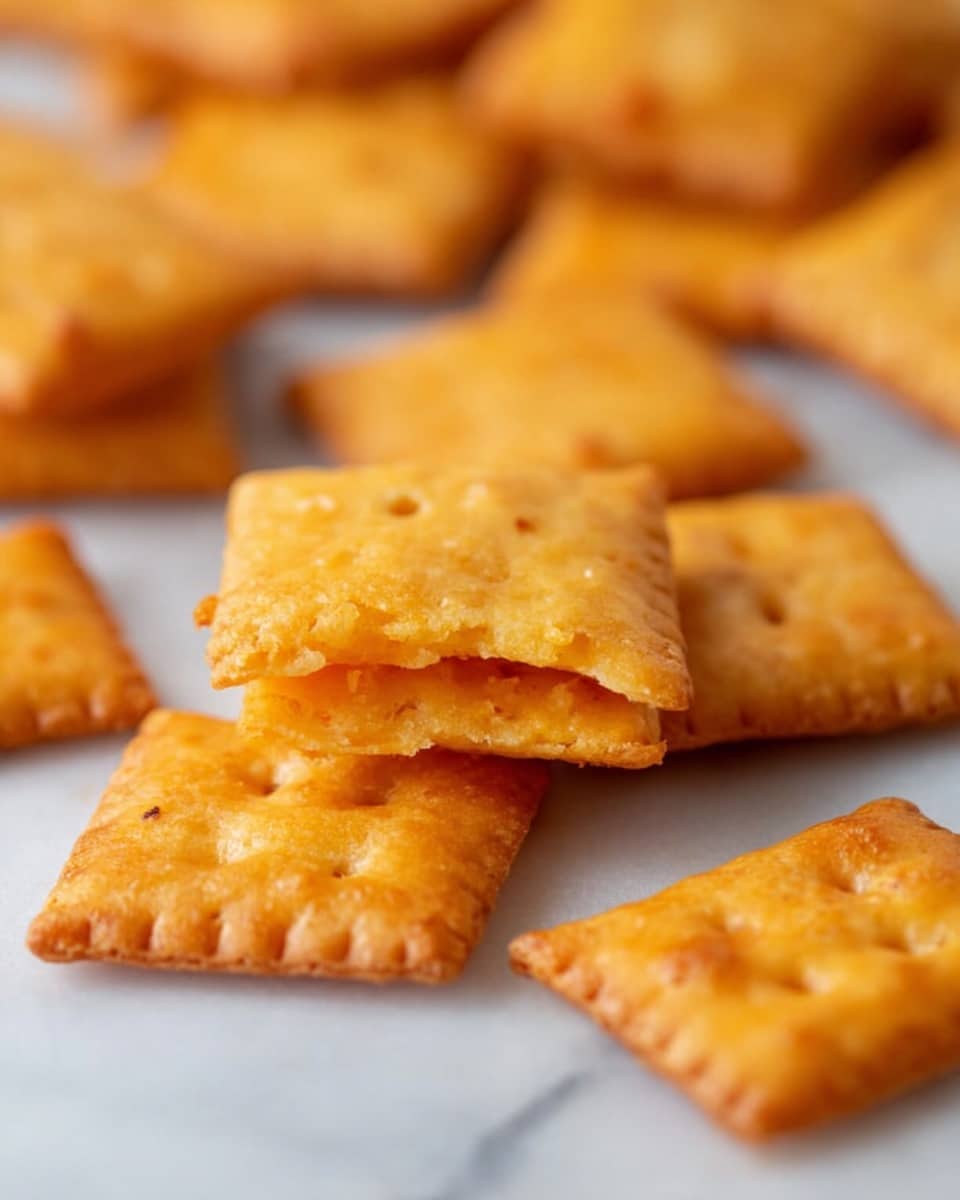 The image shows several square-shaped crackers with a golden-orange color scattered on a white marbled surface. In the center, one cracker is broken in half, revealing its layered, slightly flaky texture inside that is lighter orange. The crackers have small, evenly spaced holes and crimped edges giving them a detailed look. The background is softly blurred with more crackers visible, creating depth in the image. photo taken with an iphone --ar 4:5 --v 7