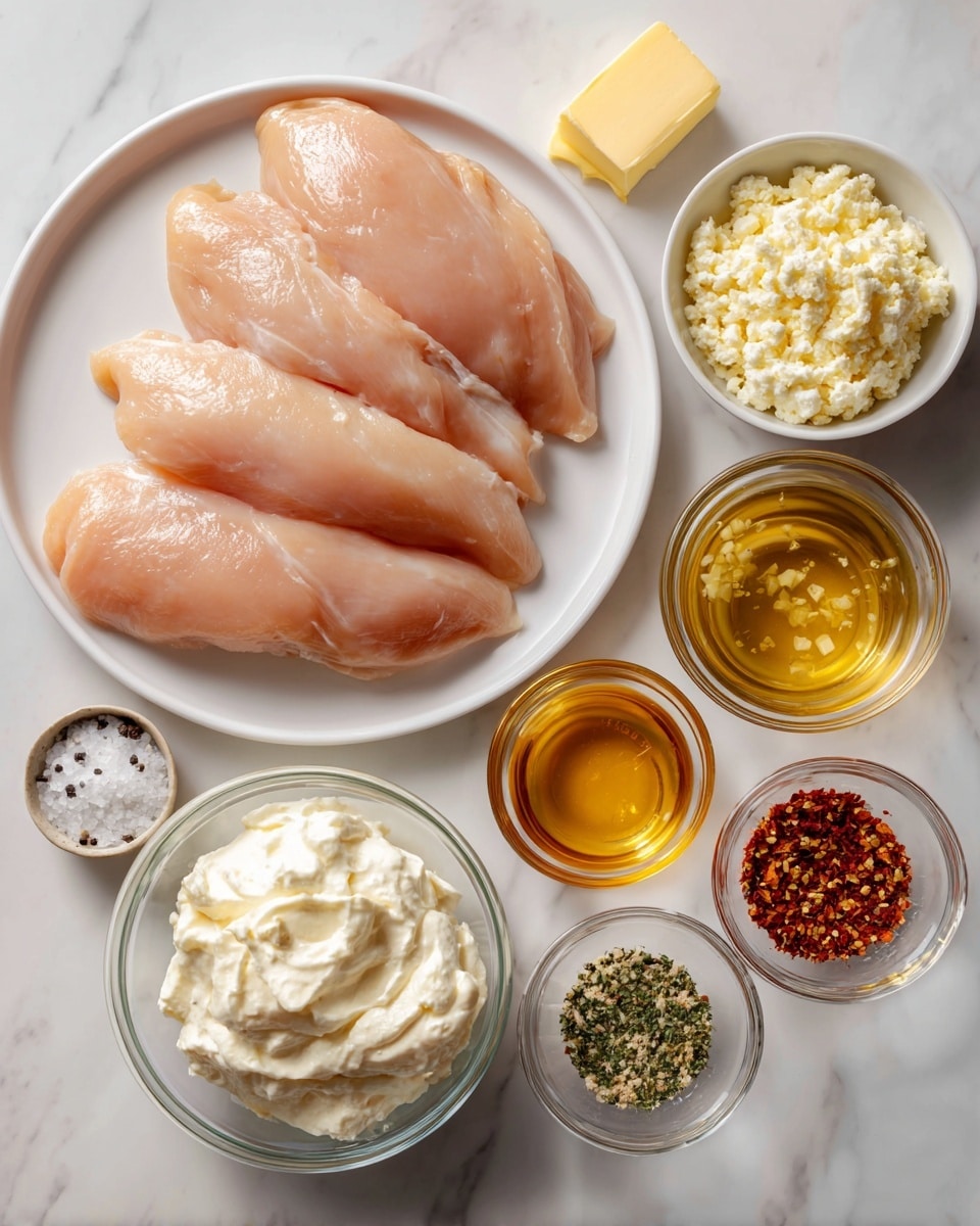 A top view of ingredients arranged on a white marbled surface, with a white plate in the center holding four raw chicken fillets pale pink and smooth in texture; to the right are five small clear glass bowls: one with golden honey, one with minced light yellow garlic, one large bowl filled with rich white heavy cream, one filled with thick pale yellow dijon mustard, and one with a mix of red, green, and white powdered seasoning. Near the plate on the left side, a small white bowl holds white salt and black pepper, and a stick of yellow butter with orange wrapping sits just above it. photo taken with an iphone --ar 4:5 --v 7