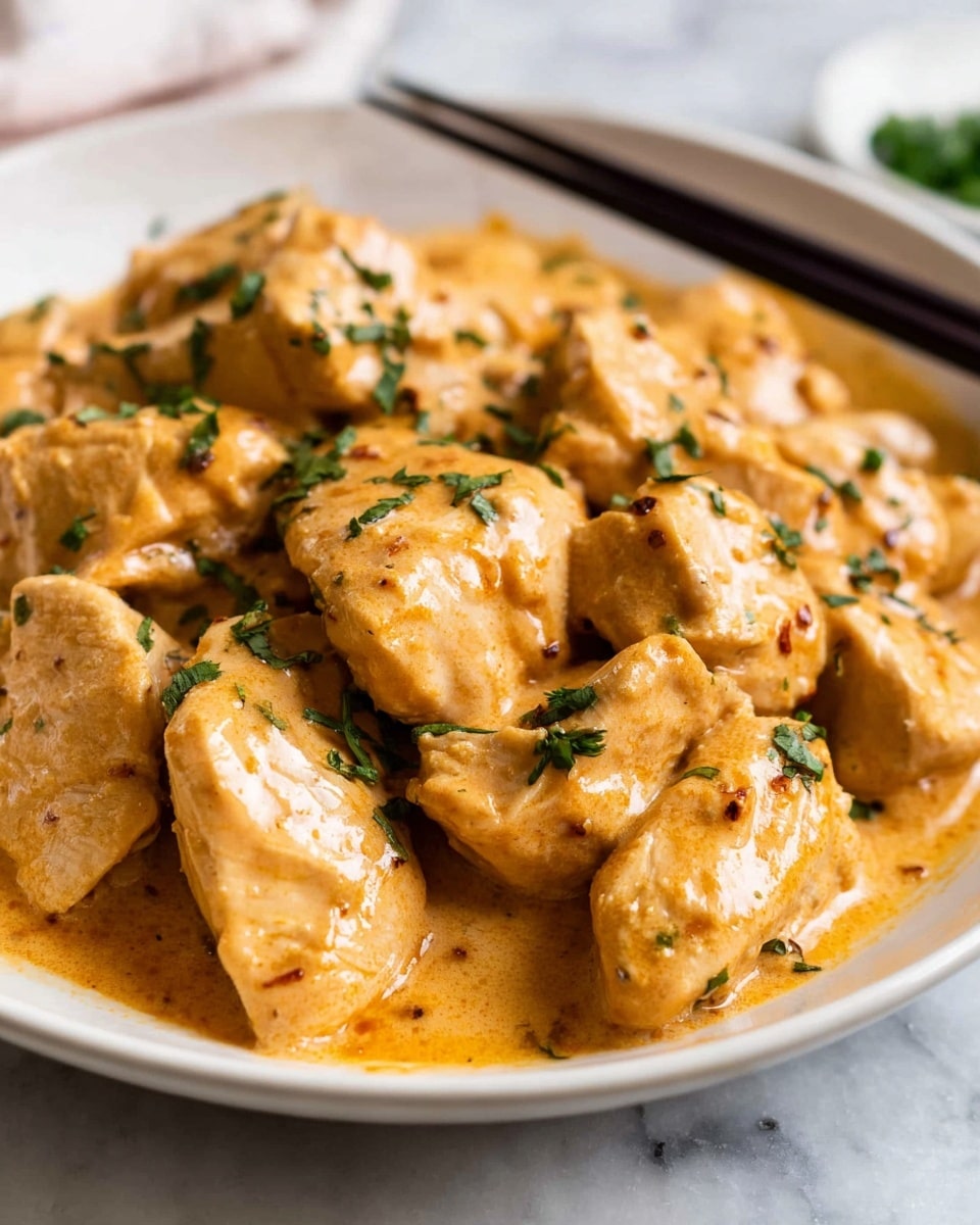 A close-up view of a white plate filled with about ten pieces of light golden chicken covered in a creamy orange sauce. The sauce looks smooth and thick, coating the chicken evenly. Small bits of green herbs are sprinkled across the top, adding a fresh touch. A pair of black chopsticks rests on the edge of the plate, touching the chicken on one side. The background has a soft white marbled texture that adds a clean and fresh feel to the image. photo taken with an iphone --ar 4:5 --v 7