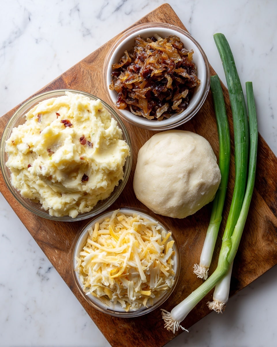 The image shows a wooden board on a white marbled surface with four food items and two green onions arranged neatly. On the top left, there is a clear bowl filled with creamy mashed potatoes with small bits of red skin visible. Next to it, on the top right, is a small white bowl containing caramelized onions that are dark brown in color. Below the mashed potatoes, a clear bowl holds a mix of shredded yellow and white cheeses. At the top right corner of the board is a smooth white ball of dough dusted lightly with flour. Two long green onions with white bases lie diagonally beside the dough. Photo taken with an iphone --ar 4:5 --v 7