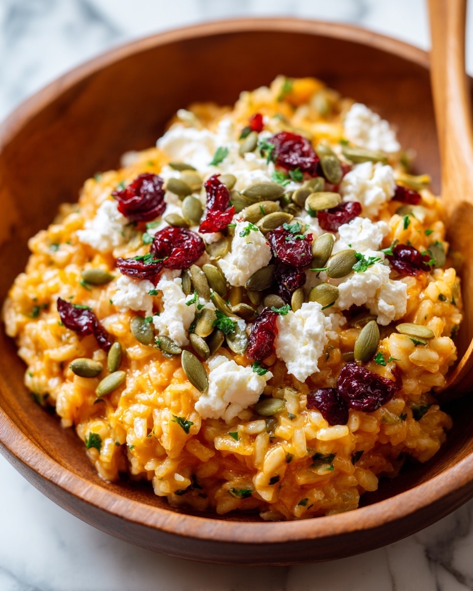 A close-up view of a brown bowl filled with three main layers: the bottom layer is creamy and smooth orange risotto, mixed with finely chopped green herbs throughout; the middle layer consists of scattered small bright red dried cranberries; the top layer has dollops of white, soft cheese and many small green pumpkin seeds sprinkled evenly over the dish. A wooden spoon is partially visible on the right side inside the bowl. The bowl sits on a white marbled surface. photo taken with an iphone --ar 4:5 --v 7