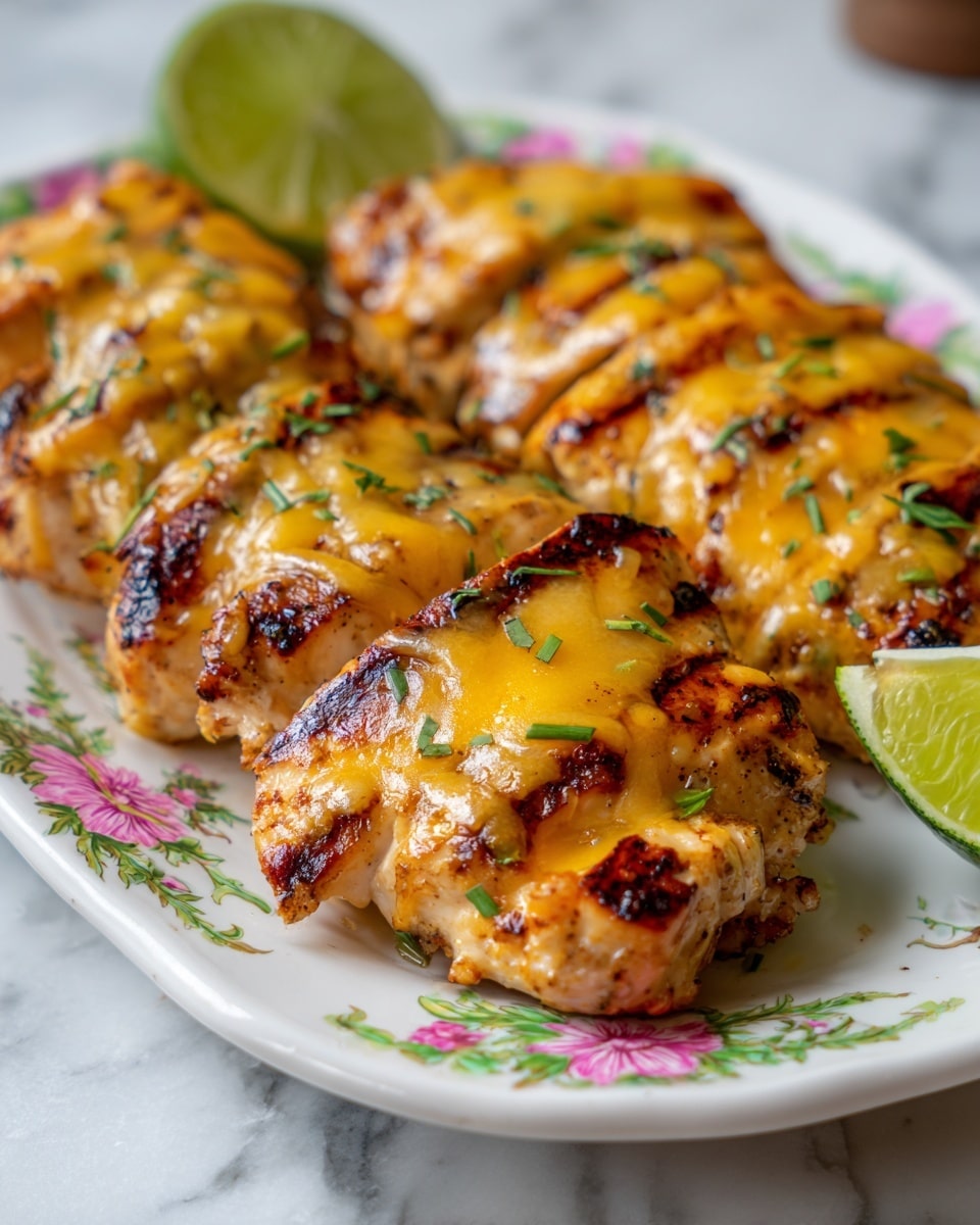 The dish shows four grilled chicken pieces covered with melted white cheese on top, garnished with small green herb leaves. The chicken has a golden brown grilled texture beneath the cheese. The pieces are placed on a round white plate with a colorful floral pattern around the edges. There are two lime halves placed near the chicken, one on the plate and one on the white marbled surface. Fresh green cilantro sprigs surround the plate, creating a fresh look. A woman's hand is seen holding the plate from the bottom left corner. photo taken with an iphone --ar 4:5 --v 7