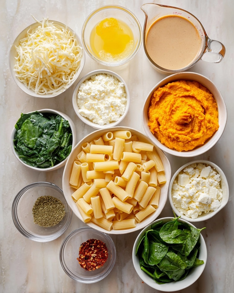 The image shows several small white bowls and two clear measuring cups arranged on a white marbled surface, each filled with different ingredients. In the center is a white bowl filled with uncooked tubular pasta. Surrounding it, there is a bowl with bright orange pumpkin puree, another with fresh dark green spinach leaves, one with shredded white cheese, a bowl of ricotta cheese, and a small bowl of finely chopped shallots. Other bowls hold minced garlic, beaten egg yolk with a golden color, and a mix of dried herbs and spices including red flakes, salt, and black pepper. One clear measuring cup contains a light brown broth, and another clear measuring cup holds white milk. The bowls show a variety of textures, from smooth and creamy to leafy and shredded. Photo taken with an iphone --ar 4:5 --v 7