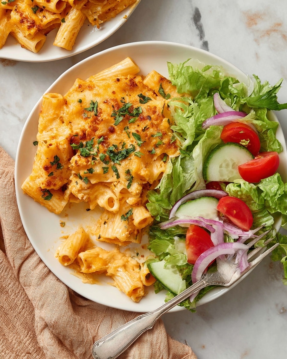 This image shows a white round plate with two parts. On the left side, there is a layer of baked pasta, with tubular pasta pieces covered in melted light orange cheese sauce, some green herbs sprinkled on top, and a few pasta pieces pulled to the side near the bottom of the plate. On the right side, there is a fresh salad made of bright green lettuce leaves as the base, topped with red tomato slices, white cucumber chunks, and thin rings of purple onion. The plate is placed on a white marbled surface, with a silver fork resting at the bottom edge of the plate. A small part of another similar plate with baked pasta and salad is visible at the top left corner, and there is a beige cloth near the bottom left. Photo taken with an iphone --ar 4:5 --v 7