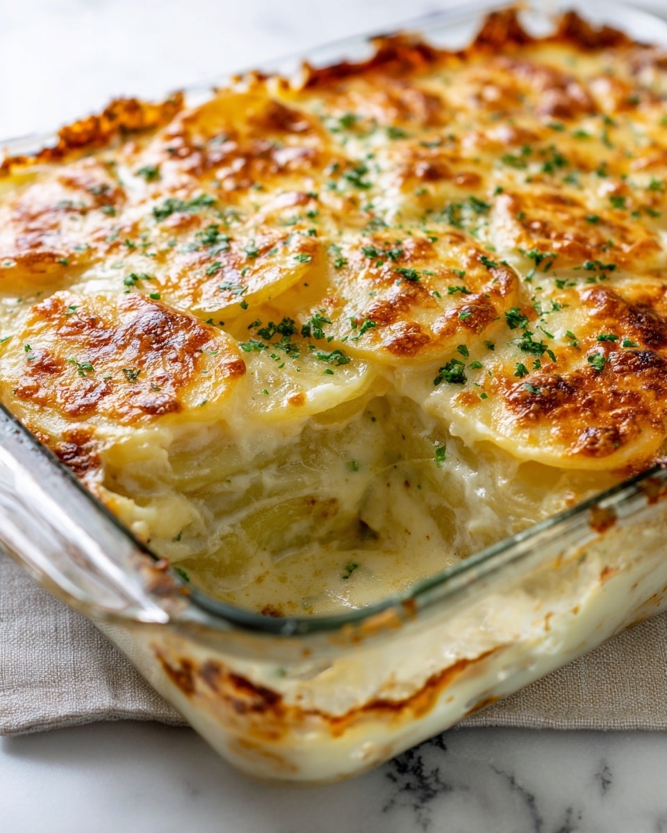 A glass baking dish filled with a creamy potato casserole, with several layers visible. The bottom layers show soft, sliced potatoes cooked in a creamy sauce. The top layer is golden and slightly browned melted cheese sprinkled with finely chopped green herbs. The sides of the dish show a little browning from baking. The dish is placed on a cloth over a white marbled surface. photo taken with an iphone --ar 4:5 --v 7