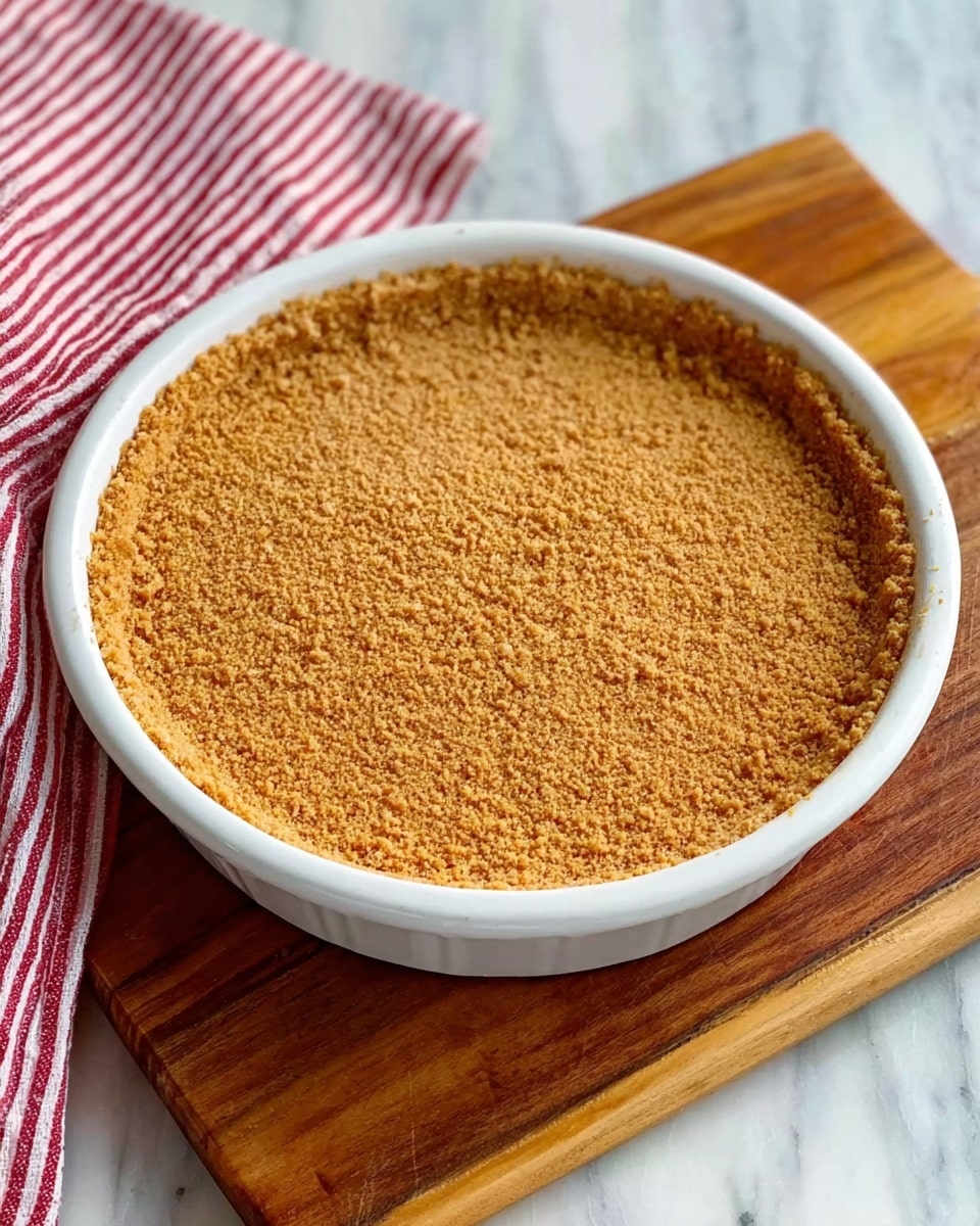 A white pie dish filled with a smooth, evenly pressed crust made of golden brown crumbs. The crust forms a single layer that lines the bottom and sides of the dish, standing about an inch tall along the edges. The dish sits on a wooden board with a red and white striped cloth nearby, all set on a white marbled surface. Photo taken with an iphone --ar 4:5 --v 7