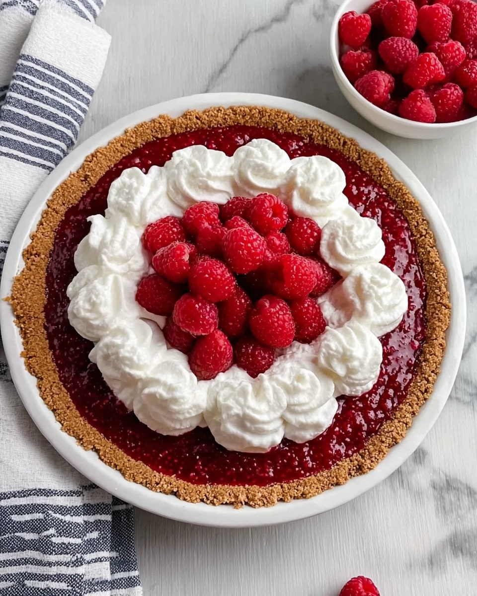 The image shows a pie with three layers on a white plate placed on a white marbled surface. The bottom layer is a light brown crumb crust, even and thick, holding the pie together. The middle layer is a thick, bright red raspberry filling, smooth but with visible raspberry seeds. The top layer is made of white whipped cream arranged in large dollops around the edge of the pie in a circle. In the center, fresh red raspberries are piled, adding a fresh touch. Next to the pie, there is a white bowl filled with more fresh raspberries. The photo taken with an iphone --ar 4:5 --v 7