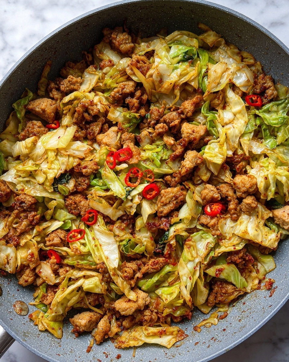 A grey pan filled with cooked food mainly made of small pieces of light brown cooked meat mixed with cooked chopped light green cabbage leaves and small slices of red chili scattered around. The meat pieces and cabbage are slightly browned with a tender texture, mixed evenly across the pan. The pan sits on a white marbled surface and shows some bits of food stuck near the edges. Photo taken with an iphone --ar 4:5 --v 7