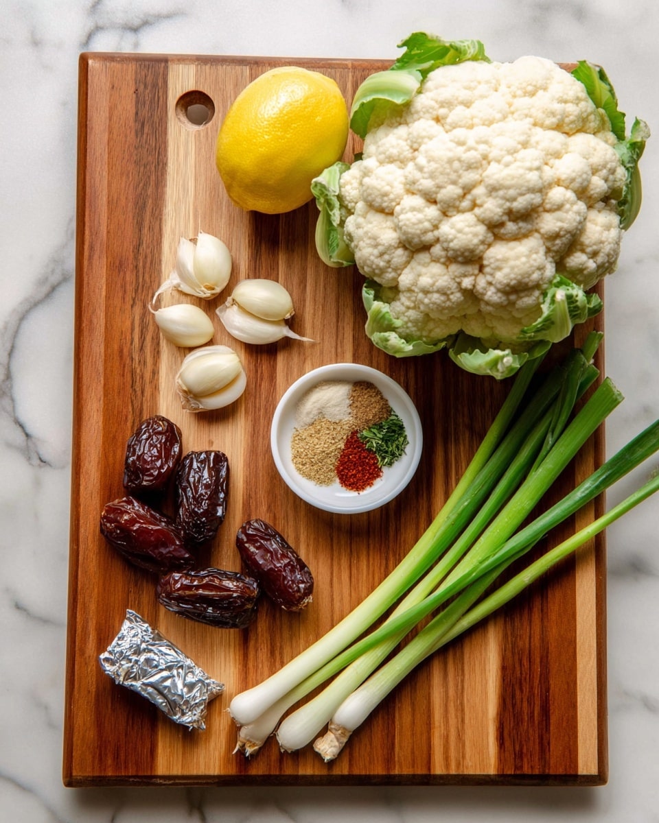 A wooden board with various fresh ingredients arranged on it, placed on a white marbled surface. On the top right corner, there is a large whole cauliflower with green leaves around it. Below the cauliflower, there are three long green onions with fresh green stalks extending to the bottom right. Near the center, three dark brown dates are placed next to a small white bowl containing three different spices: a green herb, a red powdered spice, and a light brown spice. Above the dates, a bright yellow lemon sits near the top center of the board. On the left side, there are four garlic cloves, three white peeled cloves grouped together and one separated. Below the cloves is a small piece of silver wrapped butter. photo taken with an iphone --ar 4:5 --v 7