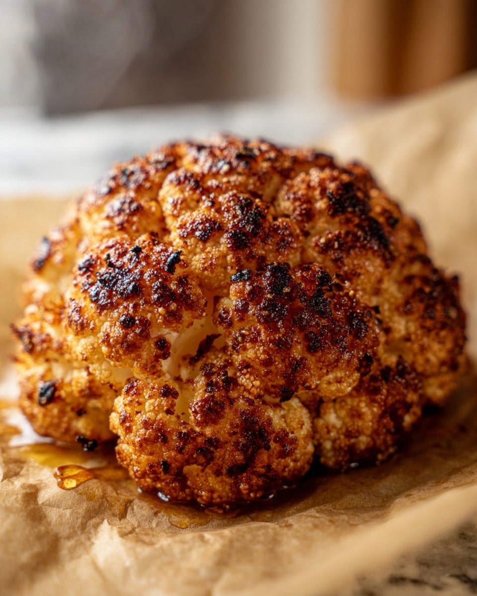 The image shows a whole roasted cauliflower sitting on crinkled brown parchment paper placed on a white marbled surface. The cauliflower has a rich golden brown and slightly charred texture all over its surface. There are darker roasted spots scattered unevenly, showing a crispy outer layer. Small oil drops are visible on the parchment paper around the vegetable, adding a glossy effect. The background is softly blurred, focusing all attention on the detailed, roasted cauliflower. photo taken with an iphone --ar 4:5 --v 7