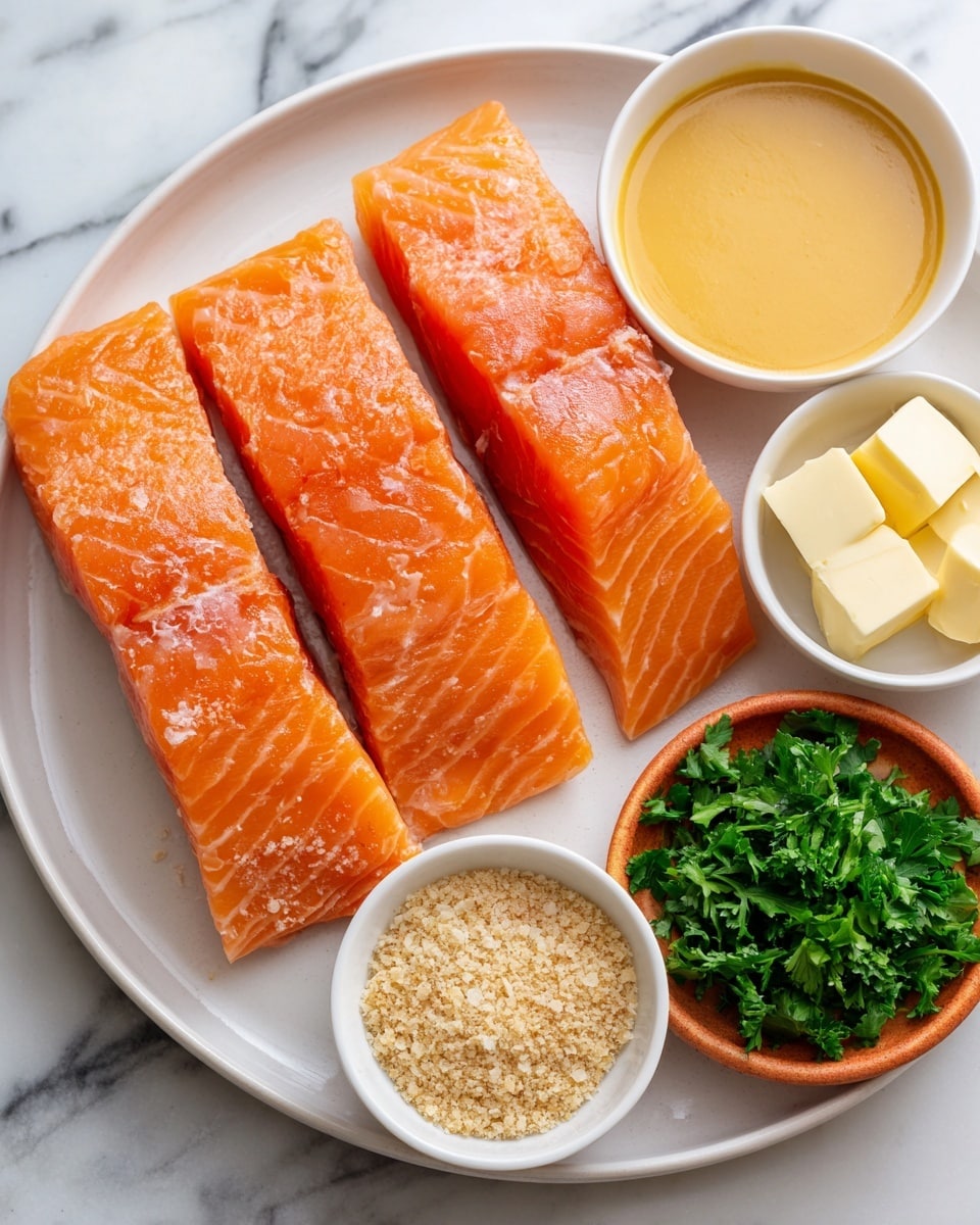 The image shows four pieces of bright orange salmon fillets with a smooth, slightly shiny texture, neatly placed on a round white plate in a slightly overlapping manner. To the top left of the plate, there is a small white bowl filled with a thick honey mustard sauce of a creamy yellow color. Below this, another small white bowl holds fine, light beige panko crumbs with a crumbly texture. To the bottom right of the panko, a small white bowl contains two squares of pale, soft butter. Next to the butter bowl, there is an orange bowl filled with fresh parsley leaves, vibrant green and leafy, giving a fresh, crisp look. All the items are set on a clean white marbled surface. photo taken with an iphone --ar 4:5 --v 7