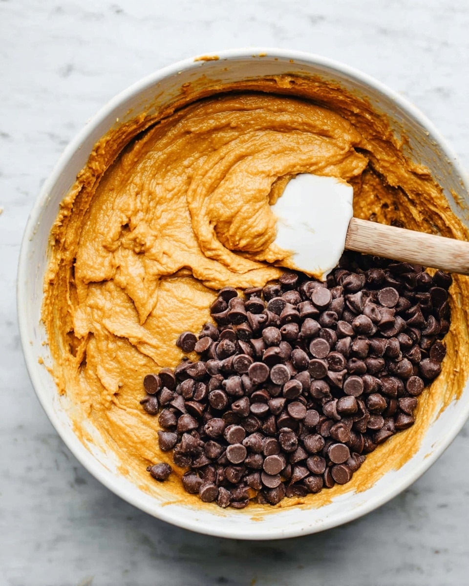 A white bowl filled with a thick, smooth, orange batter that covers about three-quarters of the bowl, topped on the right side with a large pile of small, round, dark brown chocolate chips. A white spatula with a wooden handle is partially submerged in the batter near the chocolate chips, with some batter stuck to the spatula. The bowl is placed on a white marbled surface. photo taken with an iphone --ar 4:5 --v 7