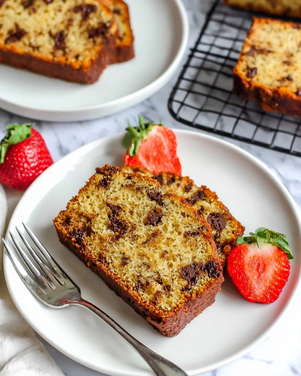 A white plate holds one slice of golden brown cake speckled with small dark chocolate chips throughout its porous texture, with two whole red strawberries and one sliced strawberry on the side showing bright red flesh and green leaves. A silver fork with four tines rests on the left side of the plate. In the background, another white plate partially shows one slice of the same cake, and two more cake slices lie on a black wire cooling rack on a white marbled surface. photo taken with an iphone --ar 4:5 --v 7