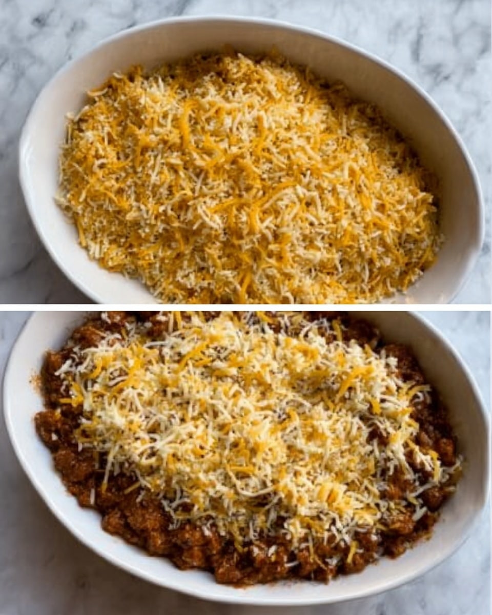 The image shows a white oval dish with two layers of food. The bottom layer is dark brown with a texture that looks like cooked ground meat spread evenly across the dish. The top layer is a generous amount of shredded yellow and white cheese, covering the entire surface of the meat. The dish rests on a surface with a white marbled texture. Photo taken with an iphone --ar 4:5 --v 7