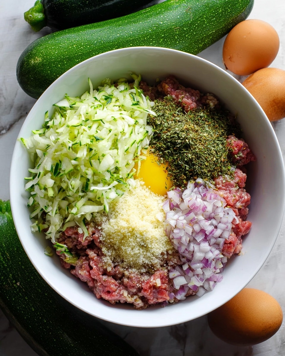 A white bowl sits on a white marbled surface filled with several layers of ingredients. The base layer is ground meat with a reddish-pink color. On top and spread around, there are five distinct piles: shredded light green zucchini on the left, finely chopped white garlic near the top, a pile of dried green herbs and spices on the right, a heap of finely chopped light purple onions near the bottom, and a bright yellow egg yolk nestled at the bottom right corner. Surrounding the bowl are whole green zucchinis and brown eggs, adding fresh natural colors to the scene. photo taken with an iphone --ar 4:5 --v 7