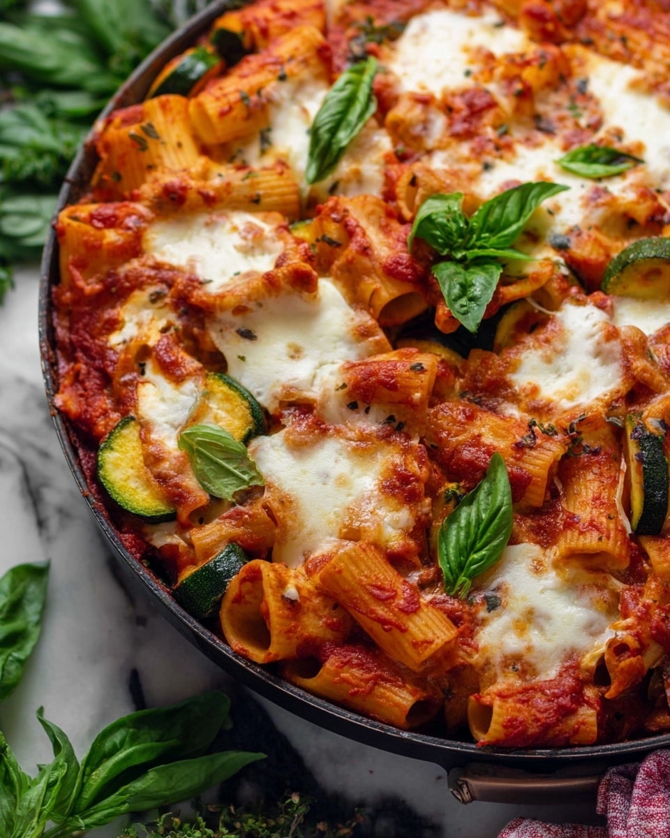 The dish shows a close-up view of baked rigatoni pasta in a black cast iron skillet, with a layer of melted white cheese spread unevenly on top. Large rigatoni pasta tubes are mixed with chunks of green zucchini and yellow squash, coated in bright red tomato sauce. Fresh green basil leaves and small herb sprigs are scattered on the surface, adding fresh texture and color. The cheese is browned in some spots, and the pasta sauce looks thick and rich, filling the gaps between the pasta. The skillet rests on a white marbled surface, and the overall colors are warm reds, whites, and greens. Photo taken with an iphone --ar 4:5 --v 7