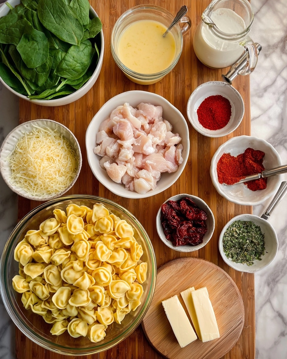 The image shows several clear and white bowls arranged on a wooden surface, each filled with different ingredients. At the center bottom, there is a large clear glass bowl filled with yellow tortellini pasta. Above the pasta, to the left, is a clear glass bowl containing diced raw chicken pieces, and to the right, a small white bowl with a red powder, likely paprika. To the far left are fresh green spinach leaves in a white bowl. Above these ingredients, there is a clear glass cup of light yellow broth and a white bowl with shredded cheese. In the middle of the image is a small white bowl filled with dark red sun-dried tomatoes. A small wooden cutting board holds two white sticks of butter, a small glass bowl of minced garlic, and a white bowl of mixed herbs. To the top right, a clear measuring jug contains milk, and next to the spice bowl, there are metal measuring spoons with salt and pepper. The background is a white marbled texture. photo taken with an iphone --ar 4:5 --v 7
