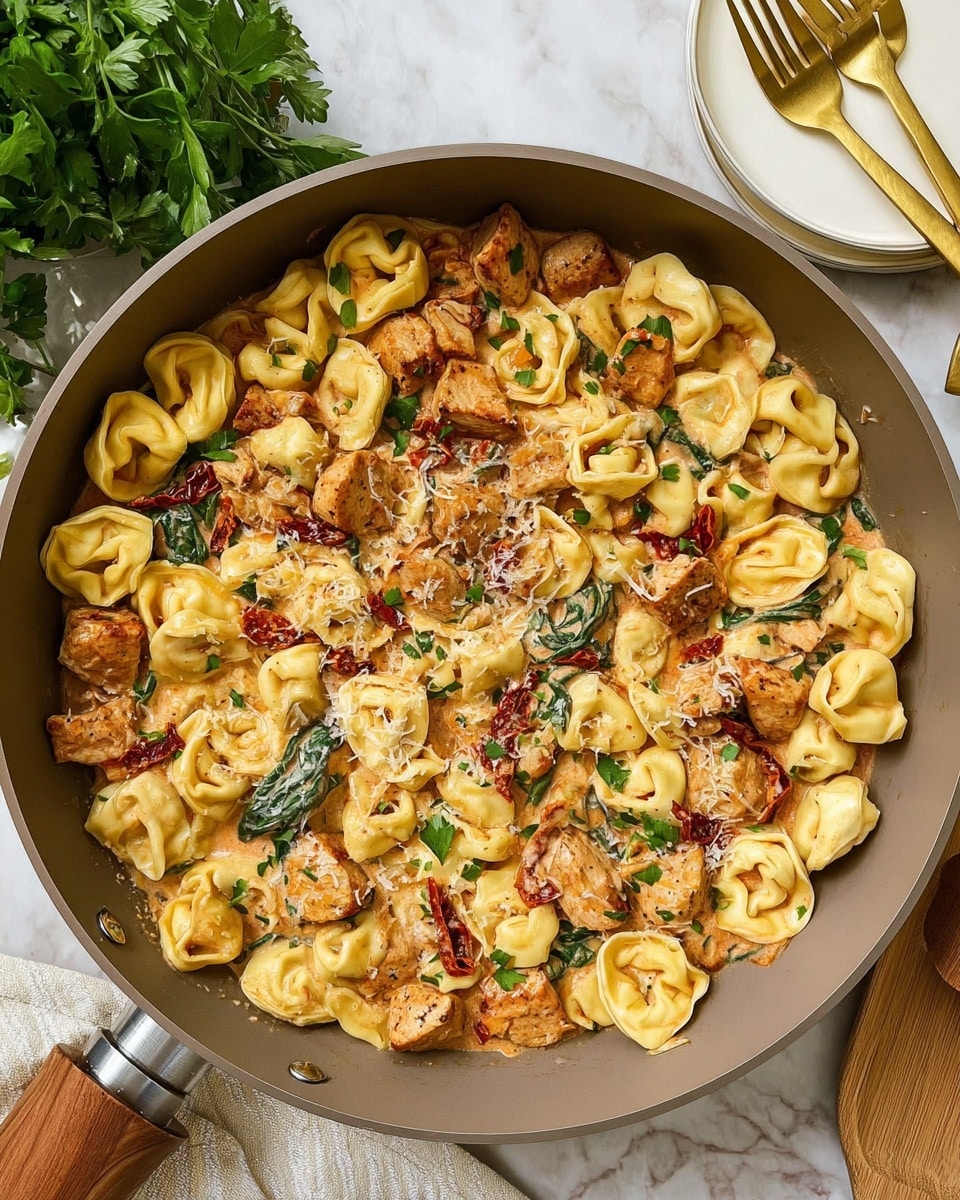 A large gray pan filled with tortellini pasta cooked in a creamy sauce, mixed with browned pieces of chicken and wilted green spinach leaves. The pasta is pale yellow with slight sauces staining, and the chicken pieces are golden brown with a textured surface. There are small bits of red sun-dried tomatoes scattered throughout, and the dish is sprinkled with grated cheese and fresh parsley leaves as garnish. The pan rests on a white marbled surface with a wooden spoon placed beside it, and in the background, there is a white plate with two gold forks on it. Photo taken with an iphone --ar 4:5 --v 7