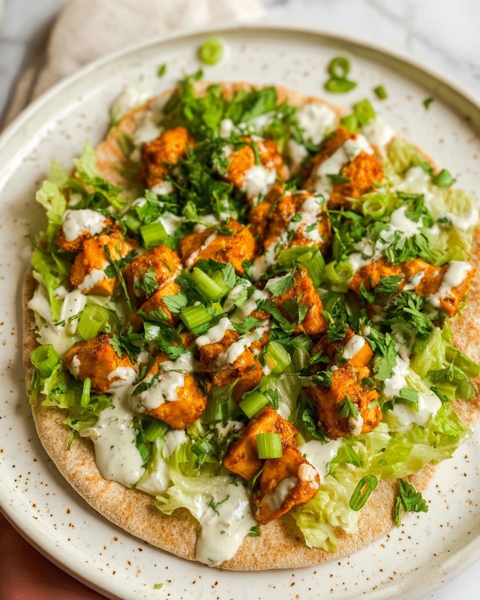 The dish shows a flat round pita bread as the base, light brown in color and slightly thick. On top, there is a layer of fresh green lettuce, roughly torn and spread evenly. Over the lettuce, pieces of golden-orange cooked tofu are placed in small chunks, showing a slightly shiny texture from sauce. White creamy sauce with small green herb specks is drizzled generously over the tofu and lettuce. Finally, fresh green herbs and thinly sliced green onions are scattered on top, adding bright green highlights. The dish is placed on a white plate with slight speckled details, sitting on a white marbled surface. Woman's hand is not visible in this image. photo taken with an iphone --ar 4:5 --v 7