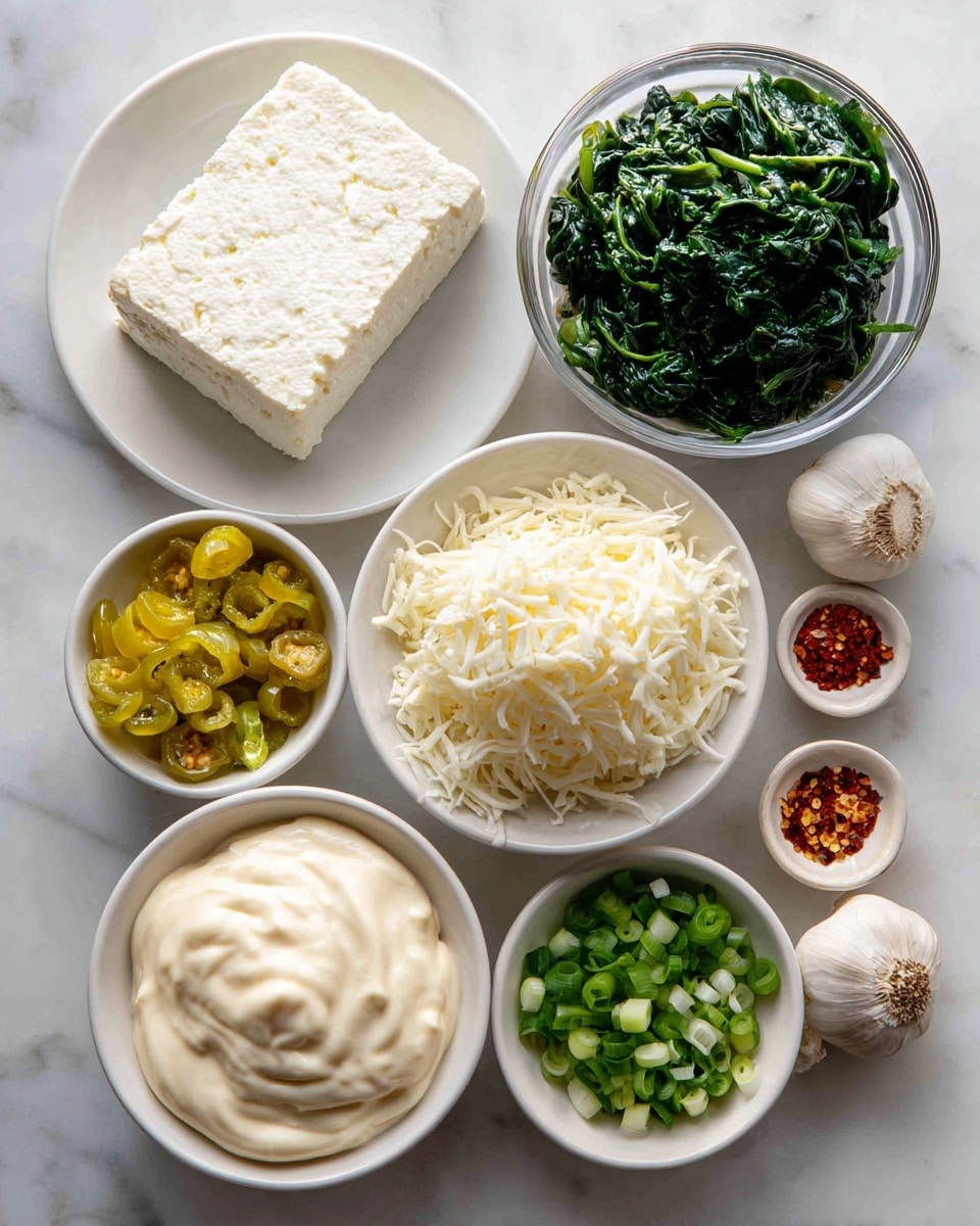 The image shows several small white bowls arranged on a white marbled surface with various ingredients inside. There is a block of white feta cheese on a white plate at the top center. To the right is a glass bowl filled with dark green cooked spinach. Below it, a white bowl holds shredded white mozzarella cheese. Next to that is a white bowl with creamy beige mayo. At the bottom left, another white bowl contains thick, smooth white Greek yogurt. On the left side, a white bowl is filled with chopped bright yellow pepperoncini, and above it, a small white bowl with finely chopped green onions. There are also small bowls holding red pepper flakes and minced garlic, plus two garlic bulbs, all placed on the white marbled background. photo taken with an iphone --ar 4:5 --v 7