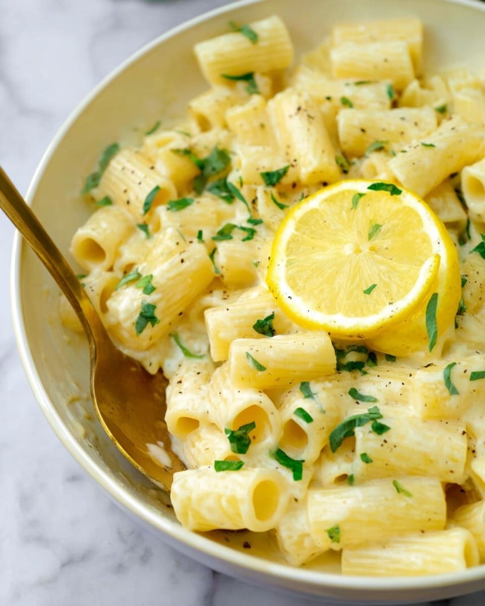 A close-up view of a white pan filled with rigatoni pasta coated in a creamy yellow sauce. The pasta pieces are short and tube-shaped, covered evenly by the smooth sauce that has a slightly glossy texture. A yellow spoon rests inside the pan, slightly lifting some pasta, with a thin slice of bright yellow lemon placed on top of the pasta. In the background, there is a fresh bunch of green parsley and two half lemon slices placed on a white marbled surface. The pan has a black handle with a blue accent near the base. photo taken with an iphone --ar 4:5 --v 7