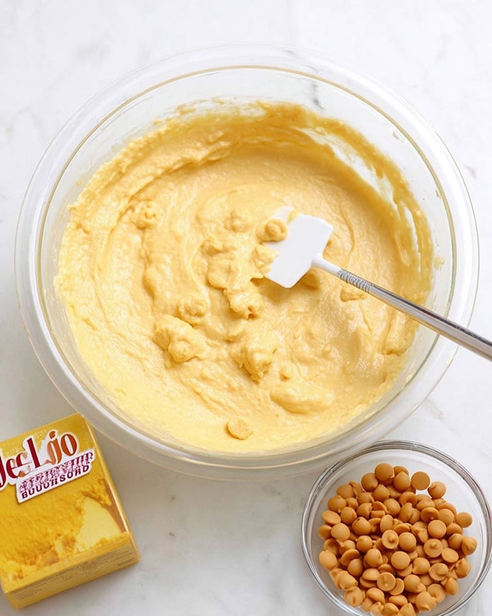 The image shows a large clear glass bowl filled with smooth, light yellow batter with some small lumps. A white spatula with a metal handle is resting inside the bowl, covered partially by the batter. To the bottom left, there is a yellow Jello Butterscotch pudding mix box and to the bottom right, a small clear bowl holds round butterscotch chips. The entire scene is on a white marbled surface. photo taken with an iphone --ar 4:5 --v 7
