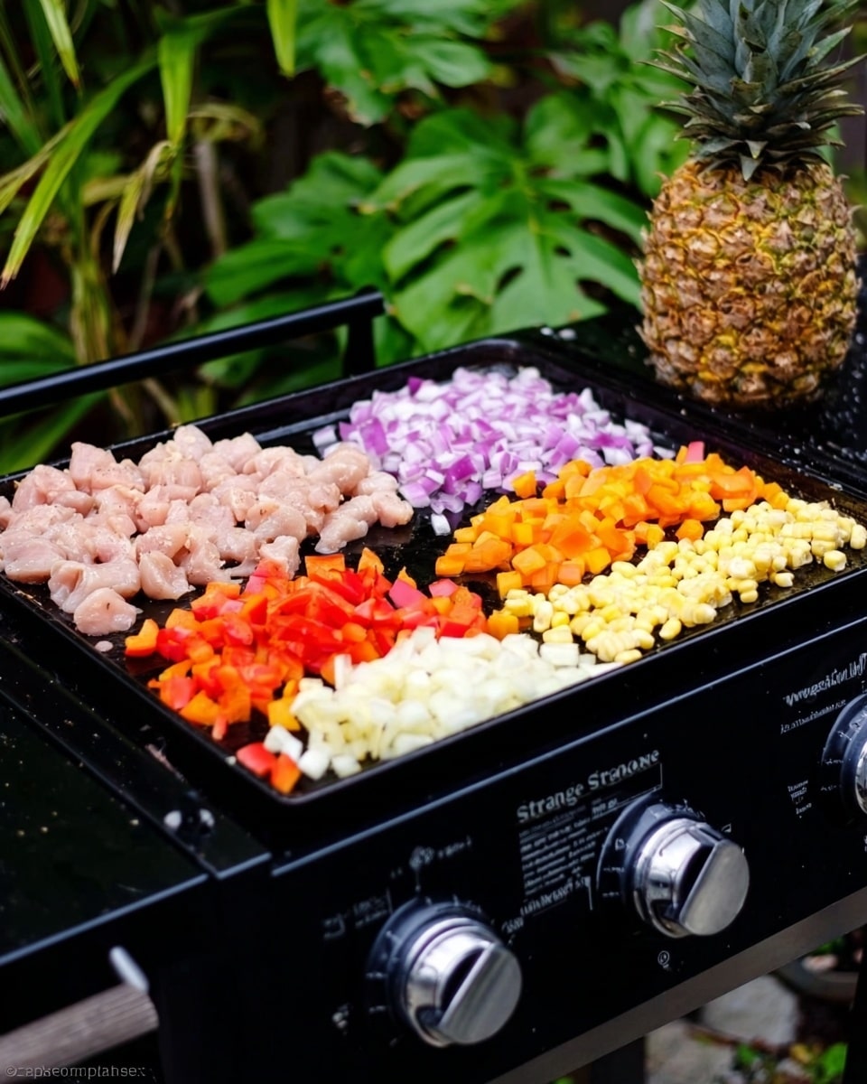 A Blackstone flat top grill with two knobs on the front is cooking a colorful mix of raw ingredients outdoors with green plants in the background. On the left side, there is diced raw chicken in a pale pink color. Next to it, finely chopped purple onions form a neat layer. Beside the onions, there is a layer of chopped red bell peppers, then orange bell peppers next to them. To the right, small pieces of yellow baby corn are arranged in rows. A whole pineapple with its rough yellow and green skin lies on the top right corner of the grill. The grill is black and shiny, showing some grease and food texture. The scene is bright and lively. Photo taken with an iphone --ar 4:5 --v 7