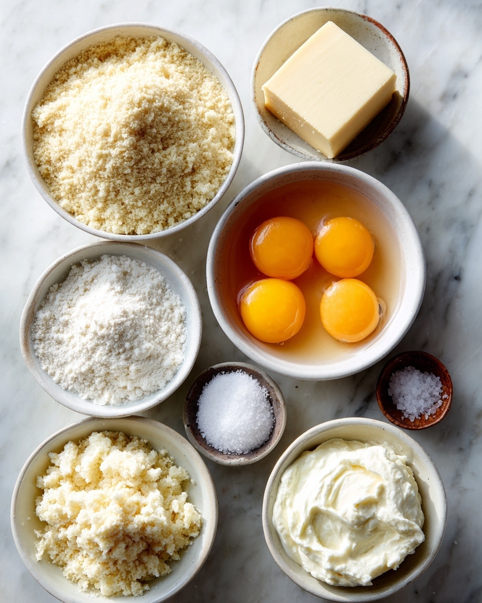 A top-down view of eight small white bowls arranged on a white marbled surface, each filled with different baking ingredients: one bowl holds four raw eggs with bright yellow yolks floating in clear whites; another contains pale yellow almond flour with a fine, crumbly texture; a third bowl shows a smooth, glossy block of light golden coconut oil; a small bowl has finely ground white coconut flour; another bowl contains a thick, creamy white sour cream; there is a small bowl filled with pure white sweetener granules; a tiny bowl with white baking powder looks powdery and soft; and lastly, a small dish holds a bit of fine salt. The bowls are neatly spaced, and the lighting is bright and natural, emphasizing the textures and colors of each ingredient. photo taken with an iphone --ar 4:5 --v 7
