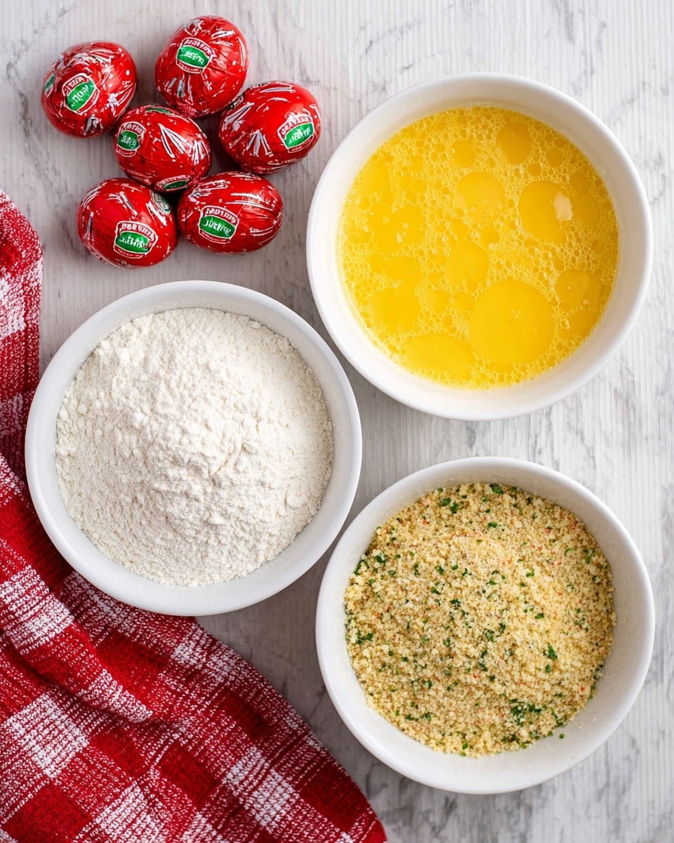 The image shows a white marbled surface with three white bowls placed near the top and bottom edges. The top left bowl contains white flour, the top right bowl holds a beaten yellow egg mixture with some bubbles, and the bottom bowl has a coarse, light brown breadcrumb mixture with green specks. In the middle of the surface, there is a small pile of red-wrapped Babybel cheeses with white and green details. A red and white checkered cloth is partially visible in the bottom left corner. photo taken with an iphone --ar 4:5 --v 7