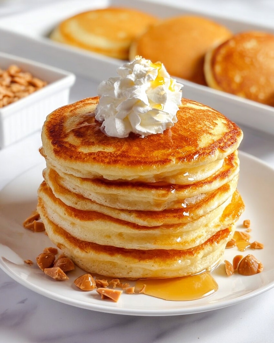 A close-up of a fork held by a woman's hand lifting four golden brown pancakes stacked on top of each other, with syrup dripping down the sides and a dollop of white whipped cream on top. In the background, there are more pancakes on a white plate, also topped with whipped cream and drizzle of syrup, placed on a white marbled surface. A white cup filled with whipped cream and syrup is visible to the left, next to a green leafy plant. The lighting is soft and natural, highlighting the warm colors of the pancakes and syrup. photo taken with an iphone --ar 4:5 --v 7