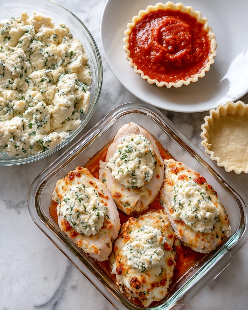 A clear glass bowl shows a creamy white and green mixture made of cheese and herbs on a white marbled surface, with a white plate of red sauce and an empty small tart shell nearby; next to it is a clear white baking dish holding four raw pink chicken slices, two topped with dollops of the white and green cheese mix and sprinkled with light beige crumbs; in another view, two chicken slices are covered with the white cheese mix and two with red tomato sauce in the baking dish; finally, the cooked dish shows the chicken covered in melted cheese with hints of golden brown and red sauce underneath, all placed on the same white marbled surface photo taken with an iphone --ar 4:5 --v 7