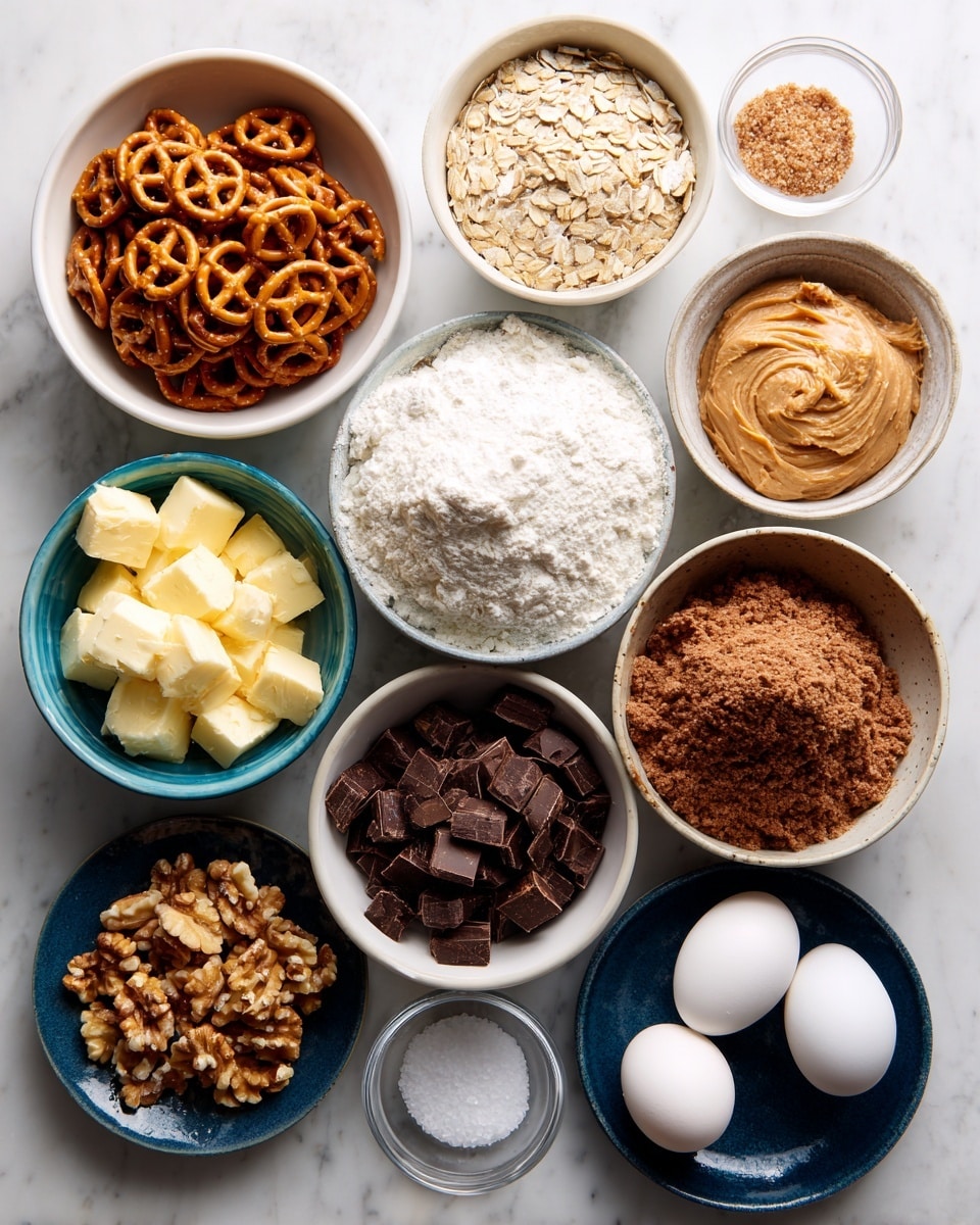 A flat lay of 12 bowls and dishes arranged neatly on a white marbled surface, each containing separate baking ingredients. Starting at the top are a white bowl filled with light tan mini pretzels, a medium white bowl with tan rolled oats, and a small clear bowl holding finely ground brown flaxseeds. Below them is a medium white bowl with a mound of white all-purpose flour, a small blue-rimmed bowl filled with light brown brewer’s yeast, and a white bowl holding light brown nut butter. Near the center right, a medium white bowl is packed with crumbly brown sugar. To the left, another medium white bowl holds cubed pale yellow butter, and below it is a white bowl filled with dark chocolate chunks. At the lower left, a small blue-rimmed bowl contains chopped walnuts. On the bottom right is a dark blue dish with two white eggs, and beside it are two small clear bowls—one with white baking powder and the other with white salt. photo taken with an iphone --ar 4:5 --v 7