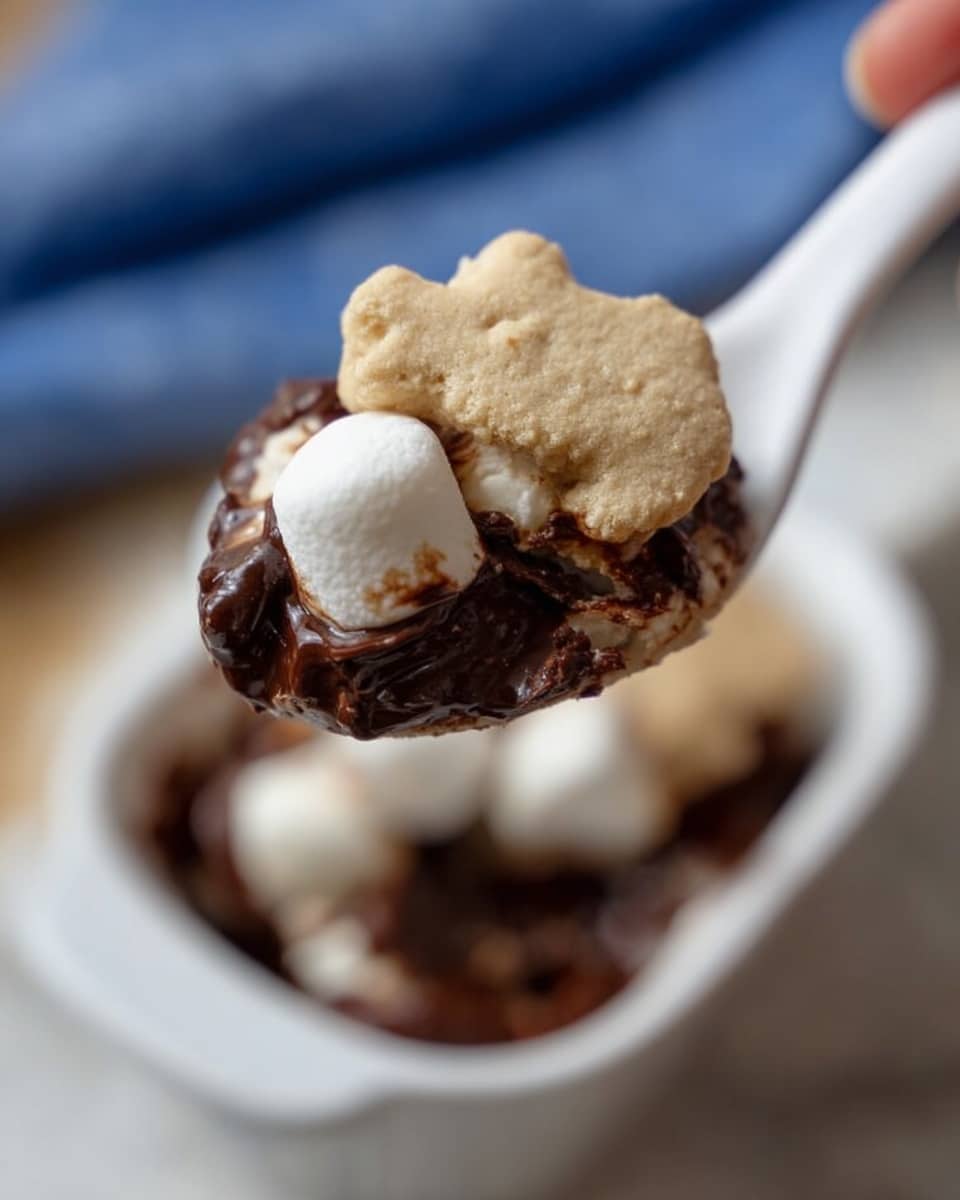 A close-up of a white spoon holding a layered mix of ingredients: on the top layer, a pale beige animal-shaped biscuit; below it, two small white marshmallows with a slightly toasted texture; and beneath that, a thick, dark chocolate layer with a rich, smooth texture. The background has a soft blur showing a white marbled surface and a hint of a blue cloth. A woman's hand is gently holding the spoon. Photo taken with an iphone --ar 4:5 --v 7