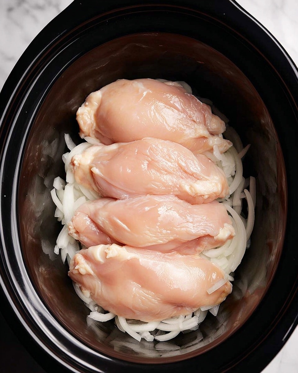 The image shows a black slow cooker filled with three pale pink raw chicken pieces arranged in a row on top of a layer of white chopped onions. The chicken pieces have a smooth, shiny texture, and the white onion slices underneath are spread evenly along the bottom of the pot. The background is a white marbled texture. photo taken with an iphone --ar 4:5 --v 7