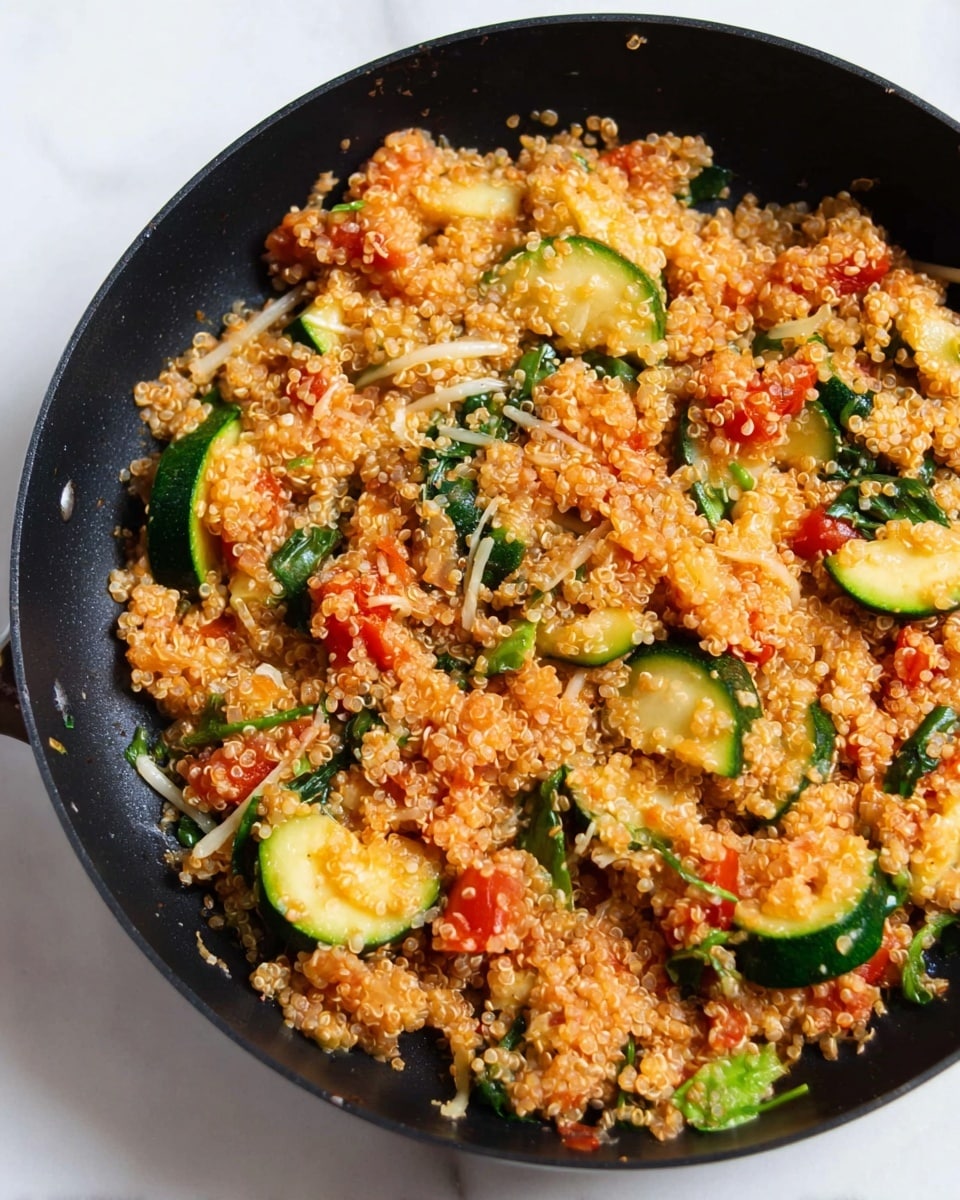The image shows a close-up of a black frying pan filled with cooked quinoa mixed with green zucchini slices, small pieces of red tomato, and bits of green leafy vegetables, all evenly distributed throughout the pan. The quinoa has a light orange color, coated in a sauce that ties the ingredients together while some melted cheese strands stretch lightly across the mixture. The frying pan sits on a white marbled surface, highlighting the colorful mix of vegetables and grains inside. photo taken with an iphone --ar 4:5 --v 7