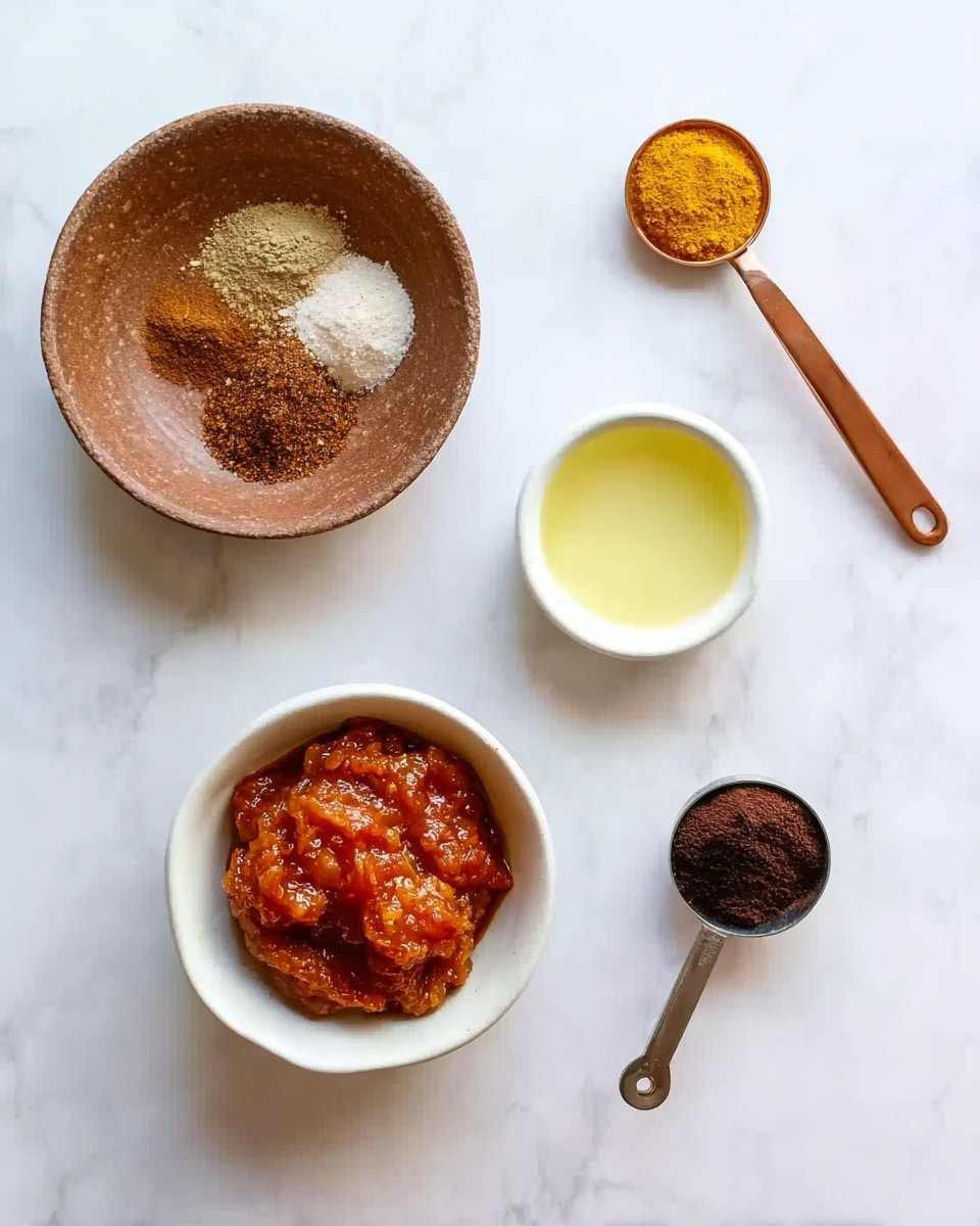 The image shows small bowls and spoons arranged on a white marbled surface. There is a white bowl at the bottom center filled with a reddish-orange chunky sauce. Above it to the left, there is a brown bowl filled with several dry spices in different shades of brown, white, and tan. To the right of the brown bowl, there is a small white bowl filled with a light yellow liquid. At the top of the image is a small copper spoon holding a yellow powder, and near the bottom right of the image is a small measuring spoon holding a dark brown powder. The layout is neat and minimal. Photo taken with an iphone --ar 4:5 --v 7