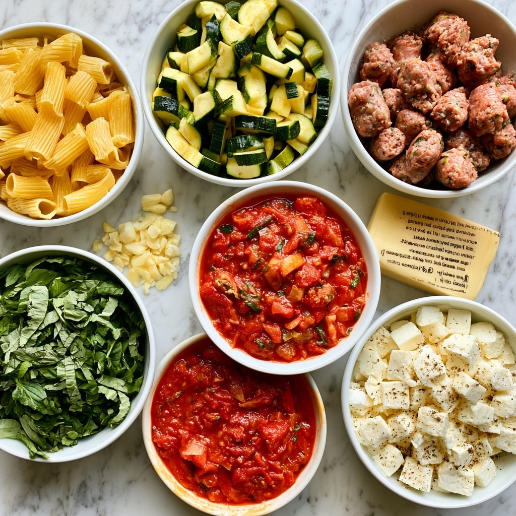 The image shows a close-up of a black pan filled with baked rigatoni pasta and vegetables. The dish has visible layers: large rigatoni pieces coated with red tomato sauce, melted white cheese patches on top, and slices of green zucchini mixed throughout. Some fresh green basil leaves garnish the surface, adding a touch of color. The pan sits on a white marbled surface with fresh green herbs scattered around. photo taken with an iphone --ar 4:5 --v 7