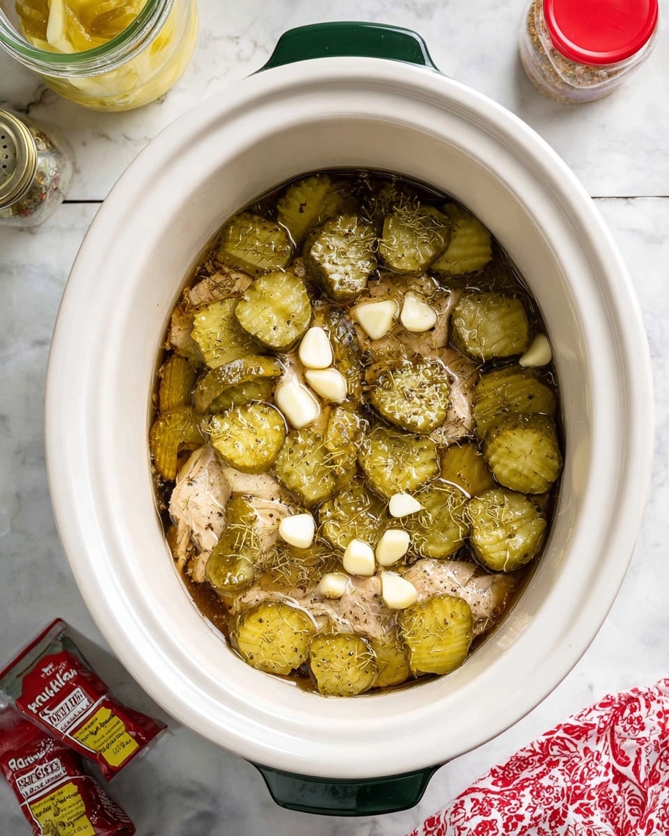 Inside a white slow cooker with a green handle visible at the top and bottom, there is one main layer of pale-colored meat partially covered by a layer of green pickles with ridged edges and darker specks of herbs sprinkled evenly on top. Scattered white garlic cloves rest on top of the pickles. The slow cooker is set on a white marbled surface with a glimpse of a red and white patterned cloth on the lower right. Around the slow cooker, seasoning packets, a glass jar with a yellow lid, and a red container are partially visible. photo taken with an iphone --ar 4:5 --v 7