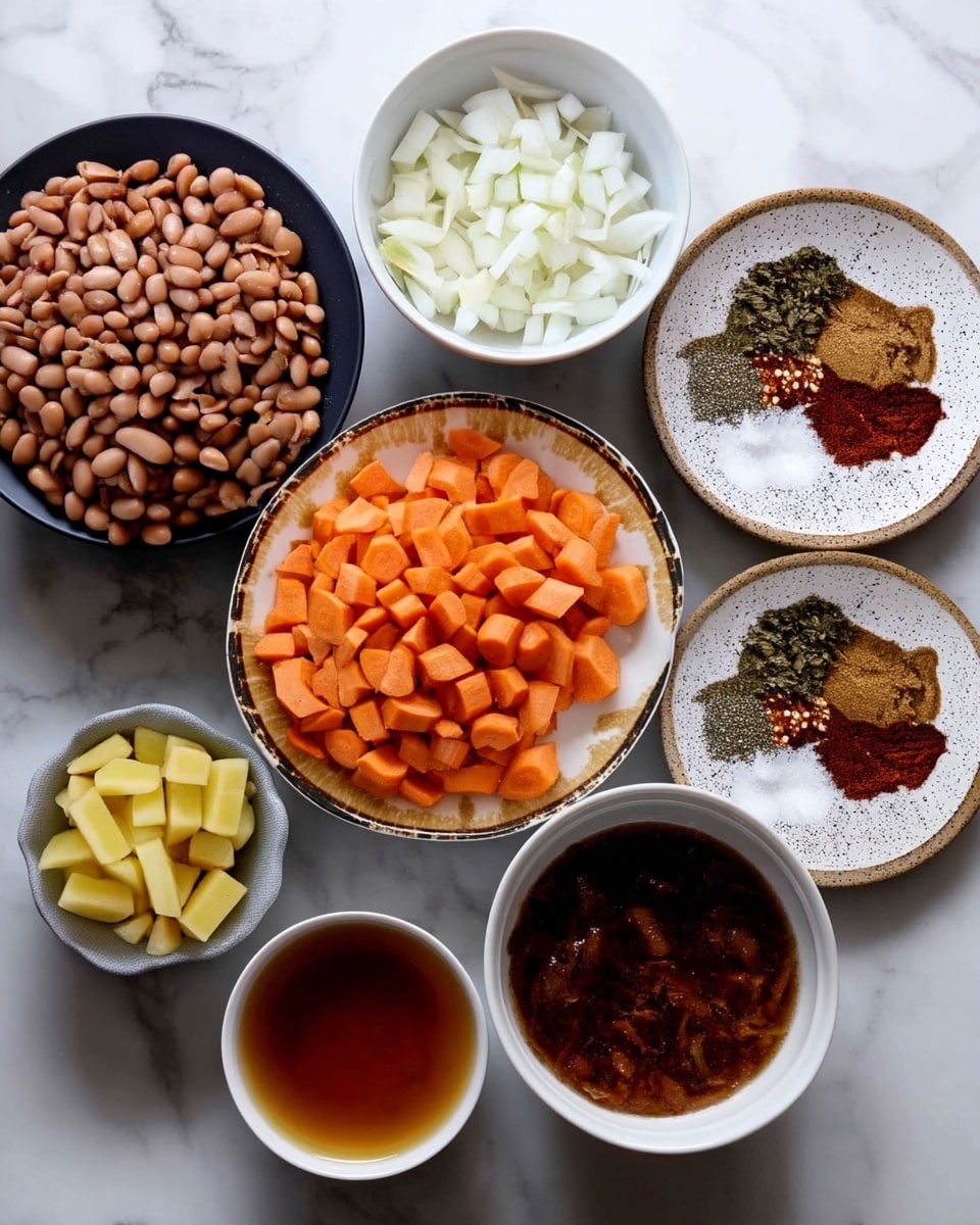Seven white bowls and plates are placed on a white marbled surface, each holding different ingredients. Starting from the top, a white bowl filled with chopped white onions. To the right, a white plate with six piles of spices in different colors: green, light brown, dark brown, black, red, and white. Below that, a round white plate with a brown rim holds many pieces of chopped orange carrots. At the bottom center, a white bowl filled with brown liquid. To the left, a white bowl with chopped light yellow potatoes. Above, a dark plate filled with brown beans. Between the beans and carrots, a small brown bowl with minced garlic. Photo taken with an iphone --ar 4:5 --v 7
