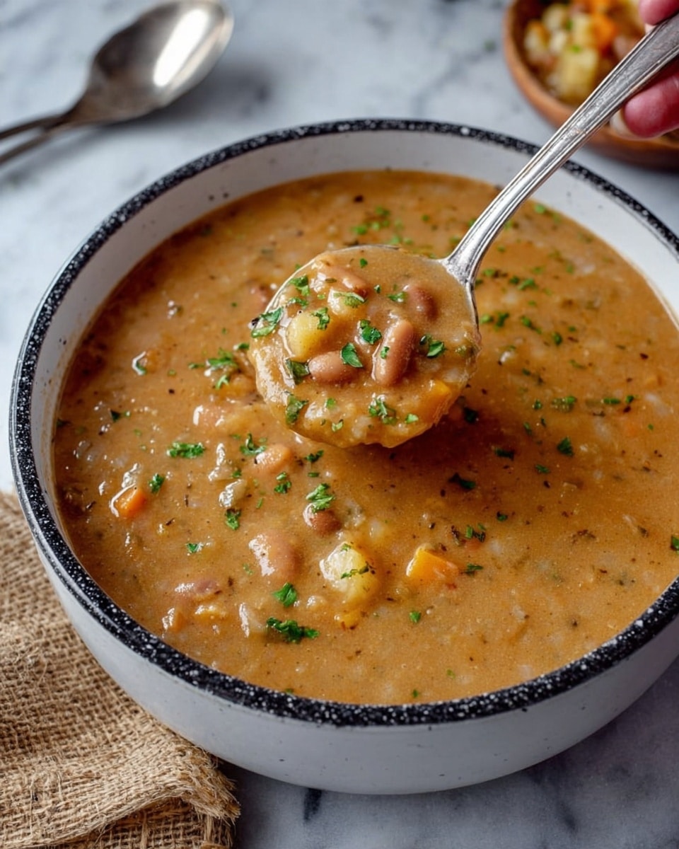 A close-up of a thick soup served in a white bowl with a speckled black rim. The soup is light brown with orange hints and small chunks of potatoes, beans, and herbs scattered throughout. A woman’s hand holds a metal ladle lifting a spoonful of the soup from the bowl, showing its creamy texture with visible bits of ingredients. The bowl sits on a white marbled surface with a worn burlap cloth in the background and a spoon nearby. photo taken with an iphone --ar 4:5 --v 7