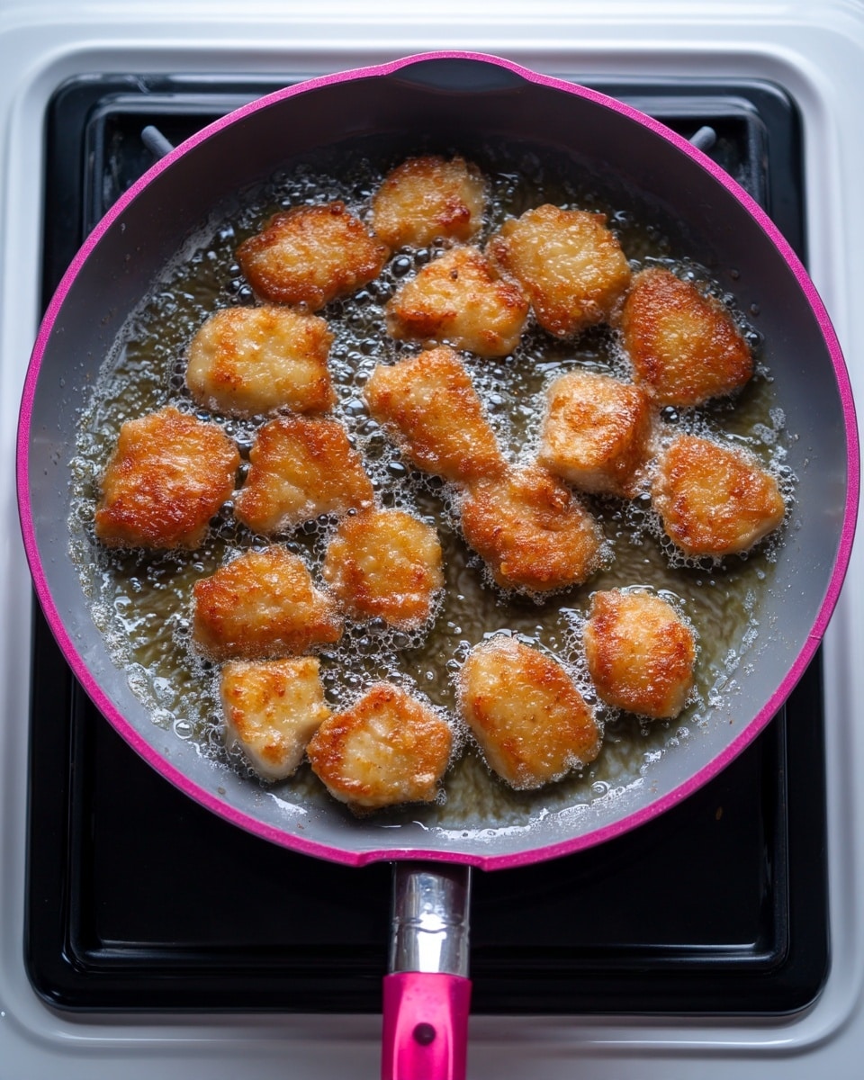 The image shows a pink frying pan with a gray non-stick surface placed on a black stove top with a white background. Inside the pan, around fifteen small golden brown pieces of food are frying in bubbling oil. The pieces are uneven, bite-sized and have a lightly crispy texture on the outside. The oil bubbles surround each piece, giving a sense of hot frying action. The pan handle and helper handle are visible, both part of the pink pan. The scene is simple and focused on the cooking process. Photo taken with an iphone --ar 4:5 --v 7