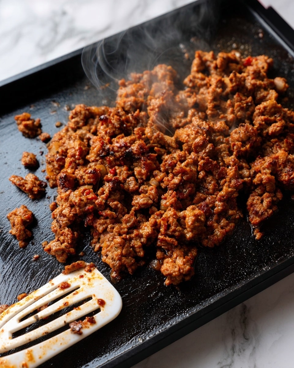The image shows a flat black griddle with a large, uneven layer of cooked brown ground meat spread out across the center. The meat looks crumbly and moist, with small bits scattered around the edges. Steam rises gently from the hot surface, showing the meat is freshly cooked. At the bottom left corner, there is a white spatula with some bits of meat stuck on it, partly resting on the griddle. The background below the griddle is a white marbled texture. photo taken with an iphone --ar 4:5 --v 7