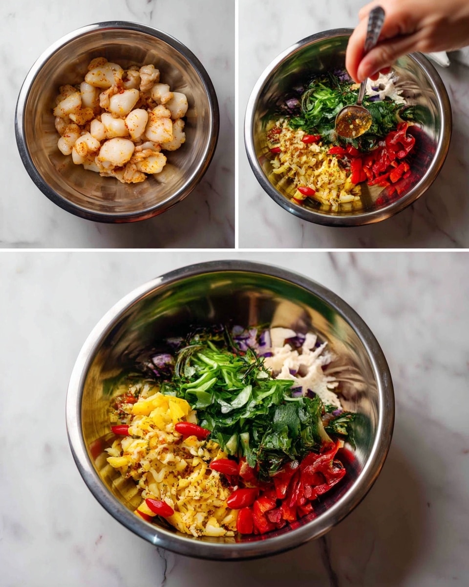 The image shows three stages of making a mixed dish in a shiny silver bowl on a white marbled surface. In the first part, there are small chunks of cooked pale meat at the bottom of the bowl. In the second part, the bowl has added layers of bright yellow pieces, chopped small red vegetables, thin green slices, small white chunks, and dark purple slices spread around the meat, creating a colorful mix visible from above. In the last part, the bowl is full of mixed ingredients with dark green leafy bits on top, bright red bits below them, and the other colorful ingredients underneath, all combined but distinct. A woman’s hand is seen stirring the ingredients with a spoon in the final part. Photo taken with an iphone --ar 4:5 --v 7